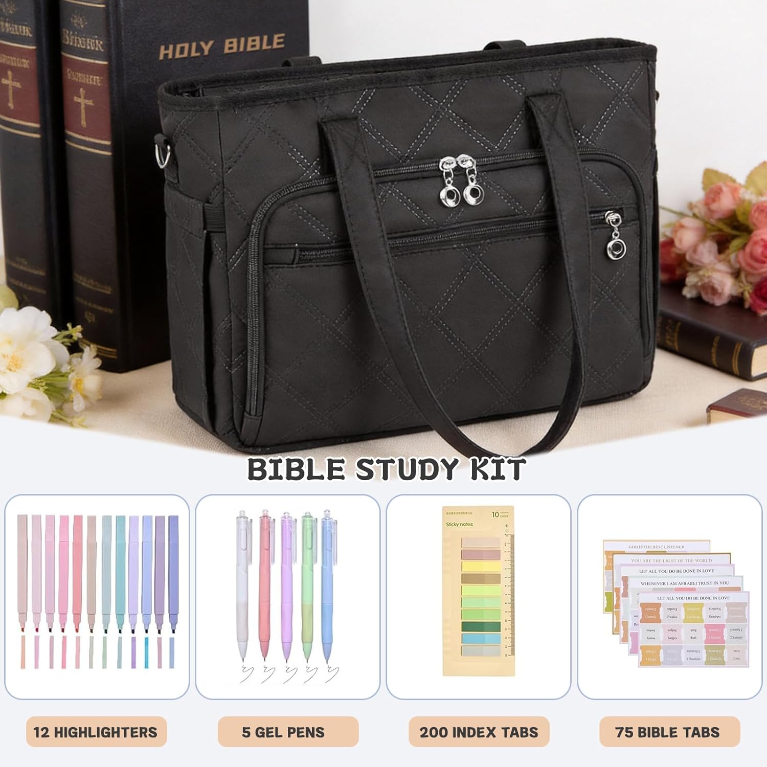 Large Black Bible Bag with Bible Cover Case Spliced Flower Pattern for Women, Quilted Bible Bag with Shoulder Strap, Bible Study Supplies, Valentines Day Christian Gifts for Lady Women Mom