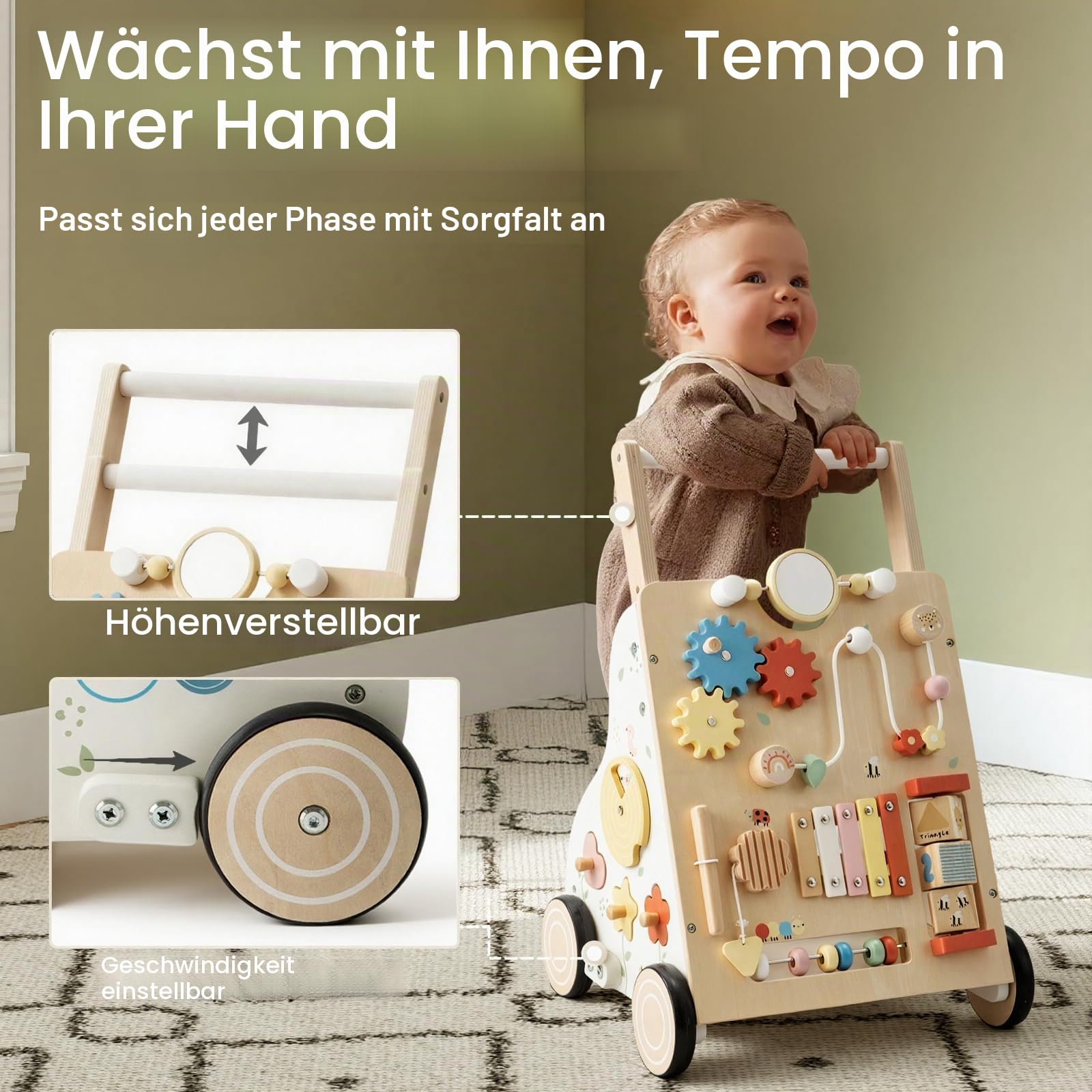 Labebe Baby Lauflernwagen Holz – Lauflernhilfe mit einstellbarer Geschwindigkeit und Höhe, Montessori Schiebespielzeug für Jungen und Mädchen ab 12 Monaten