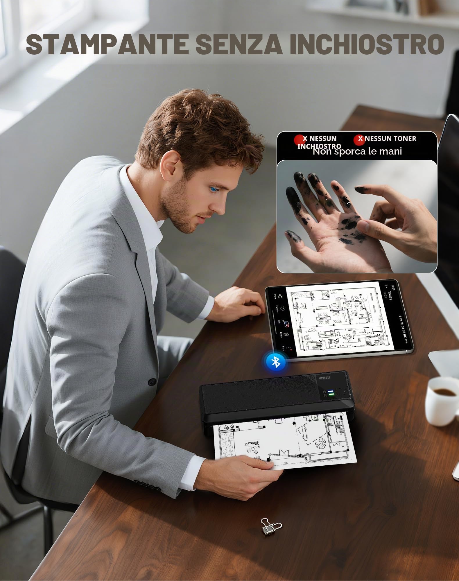 vretti Stampante Portatile A4 Compatibile con Phone/PC/USB, Bluetooth | Wireless Stampante Termica Stampa Contratti/Ricevute/Documenti,3 Rotoli di Carta, Nero