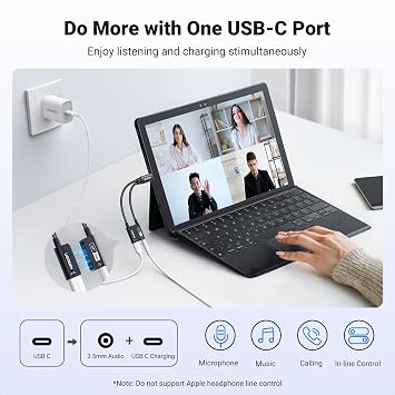 UGREEN USB C'den 3,5 mm Jack Aux Adaptörüne PD 60W Hızlı Şarj, iPhone 15 için Manyetik USB Ses Kartı, Dizüstü Bilgisayar ve Kulaklık (CTIA/OMTP Standardı) vb.
