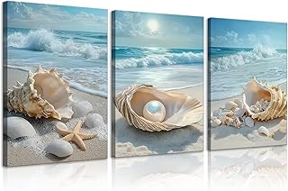 3Pcs Beach Themed Canvas Wall Art Summer Beach Waves Pictures Wall Decor Seashells Starfish