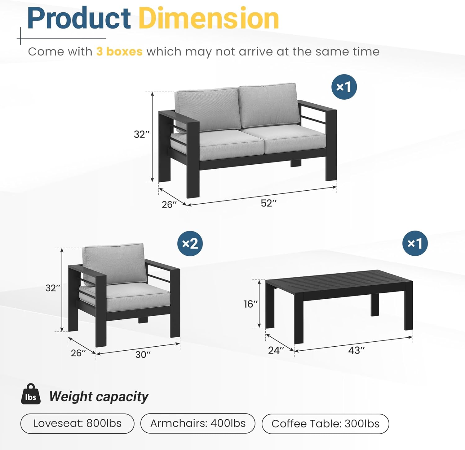 Wisteria Lane 4-Piece Outdoor Patio Furniture Set, Outdoor Sectional Furniture with Upgraded Cushions, Outdoor Conversation Seating Set for Balcony, Garden, Deck, Backyard, Black