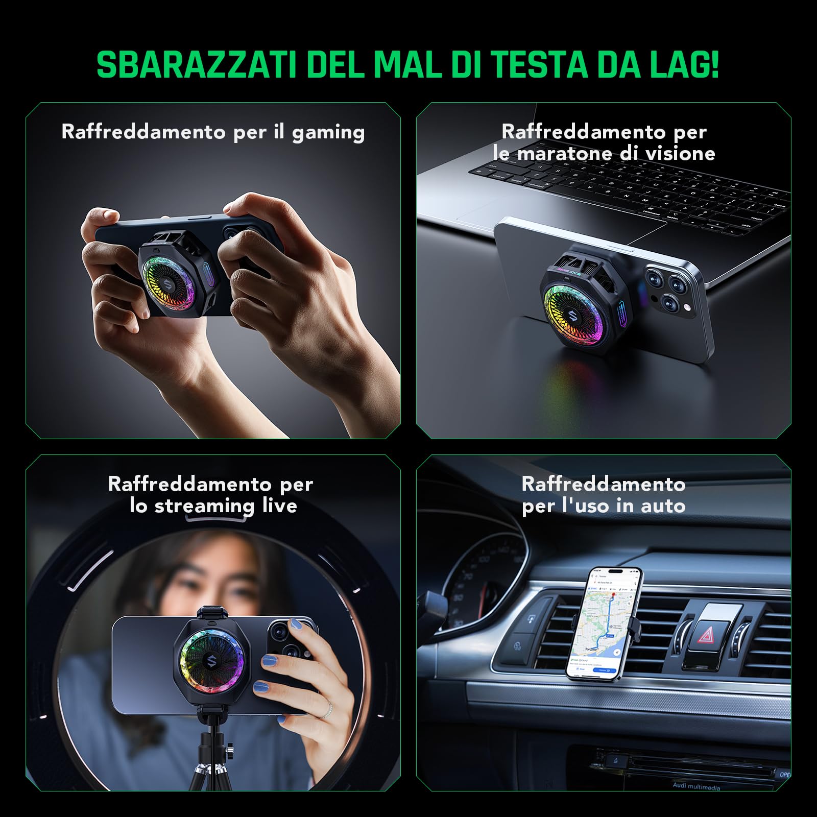 Enfriador magnético para teléfono Black Shark 5 Pro: 18 LED RGB direccionables, empuñadura desmontable, ventilador termostático controlado por aplicación para iPhone MagSafe/Android/iPad