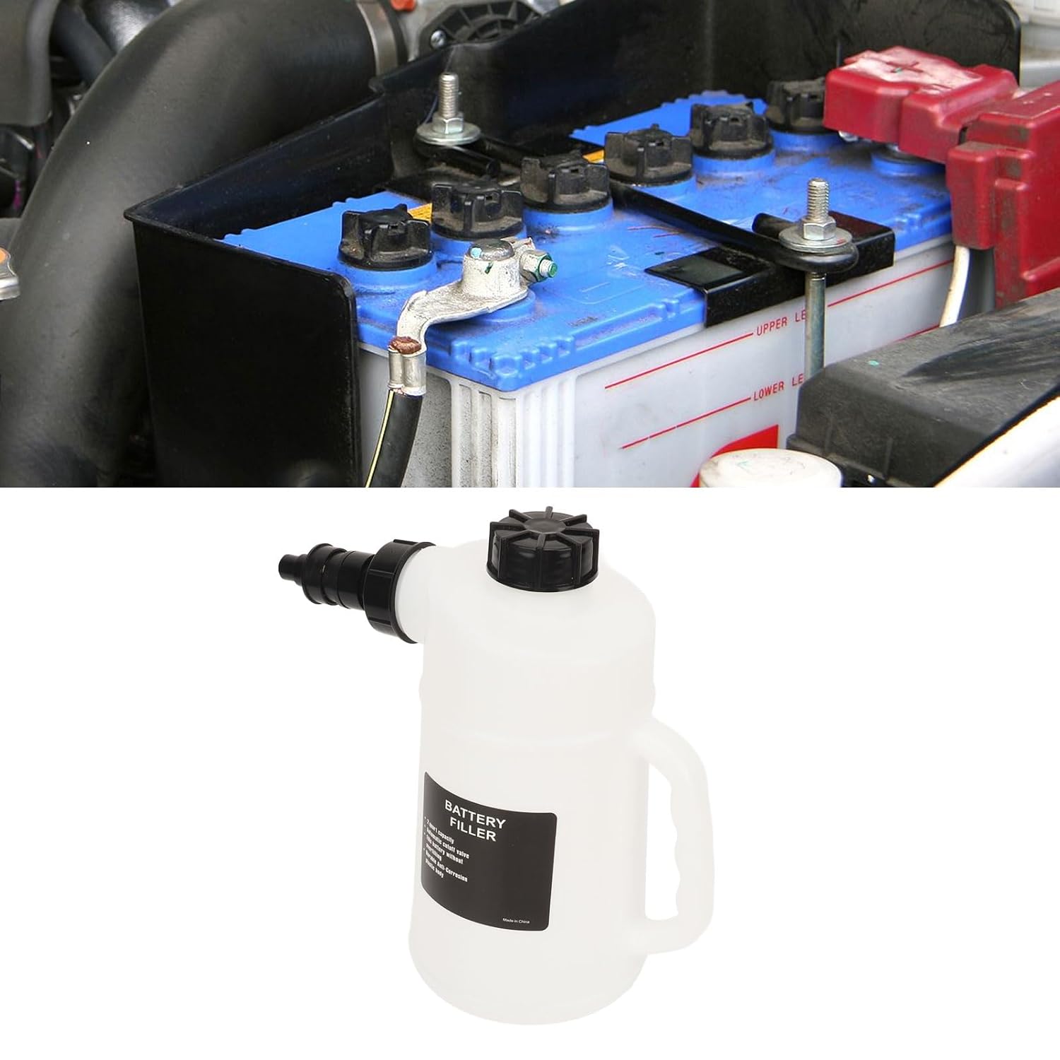 2 Liter Battery Filler Car Battery Liquid Filling Jug Auto Shutoff Valve Drip with Grooved Side Handle for Cars Trucks RV Carts