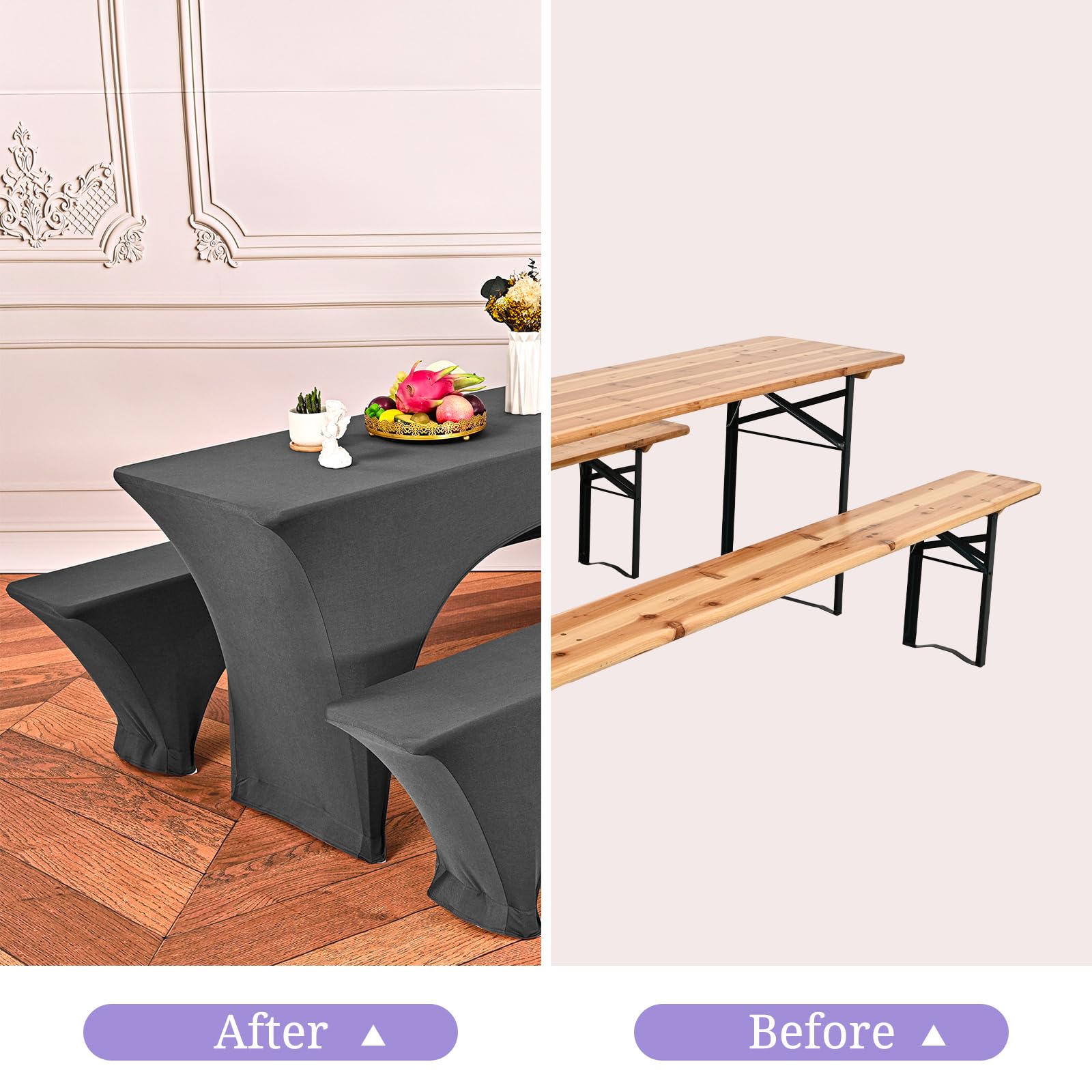 Showgeous 3 Stück dunkelgraue Biertischhussen Stretch-Biertisch- und Hockerhussen-Set für 50 cm Tischbreite Bierzelt-Set 220 x 50 x 80 cm für Bankett-Gartenmöbel im Freien (6er-Pack)