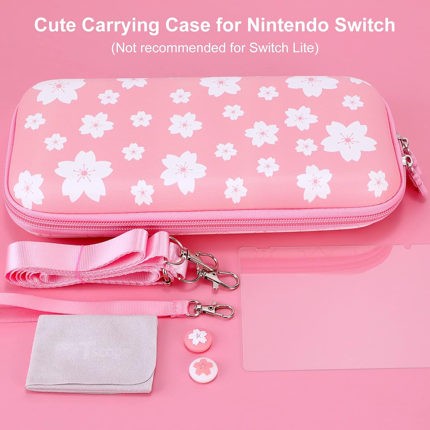 Uр Tо 60% оƒƒ Tscope Pink Carrying Case for Nintendo Switch, Girly Sweet Flowers Hard Shell Travel Shoulder Portable Protective Bag with Glass Screen Protector Thumb Grip Caps (Sakura Pink)