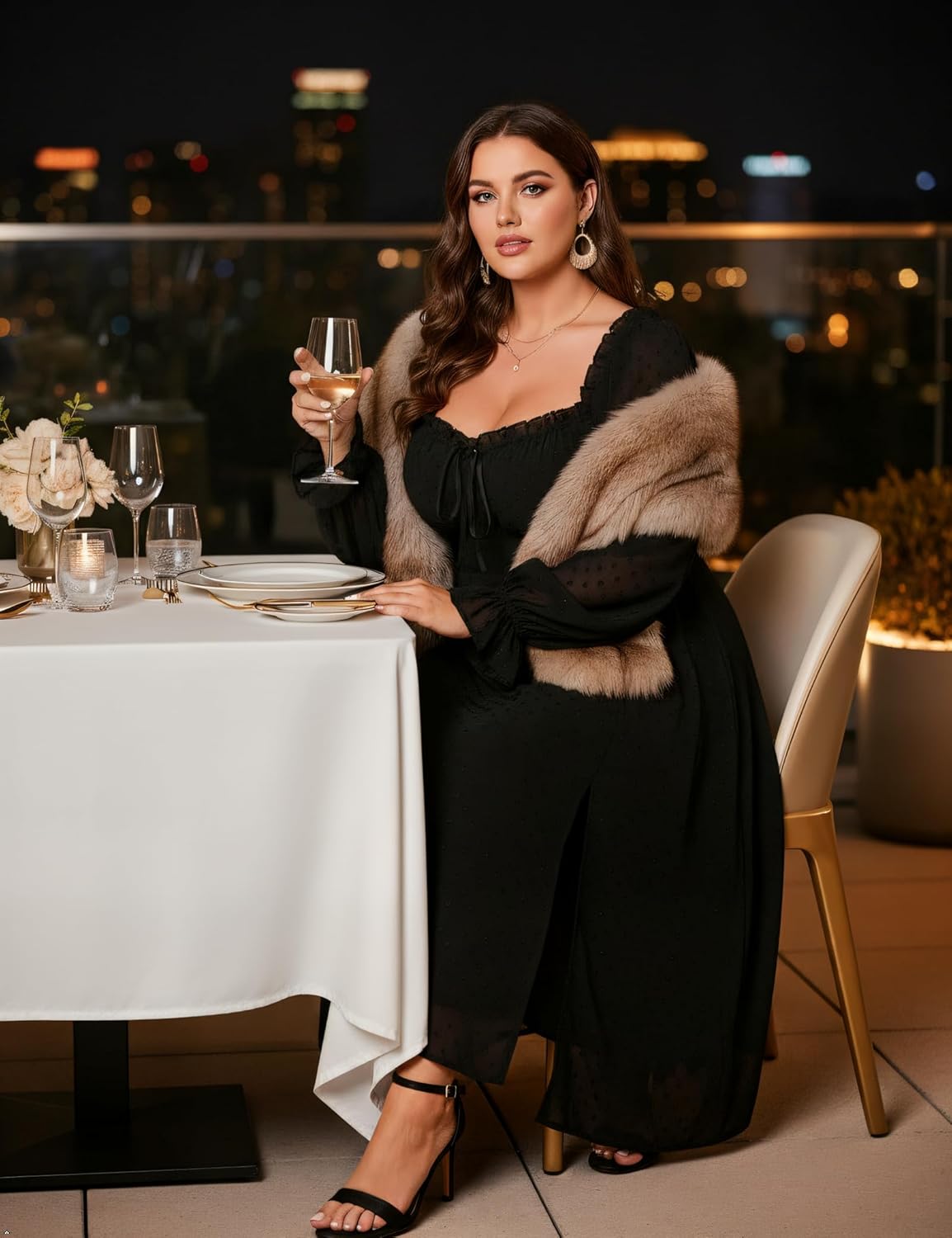 Women's Plus Size Formal Dress - 2 Neck Styles,Cinched Waist,Slit & Sheer Long Marie Sleeves Maxi Dresses - Image 5