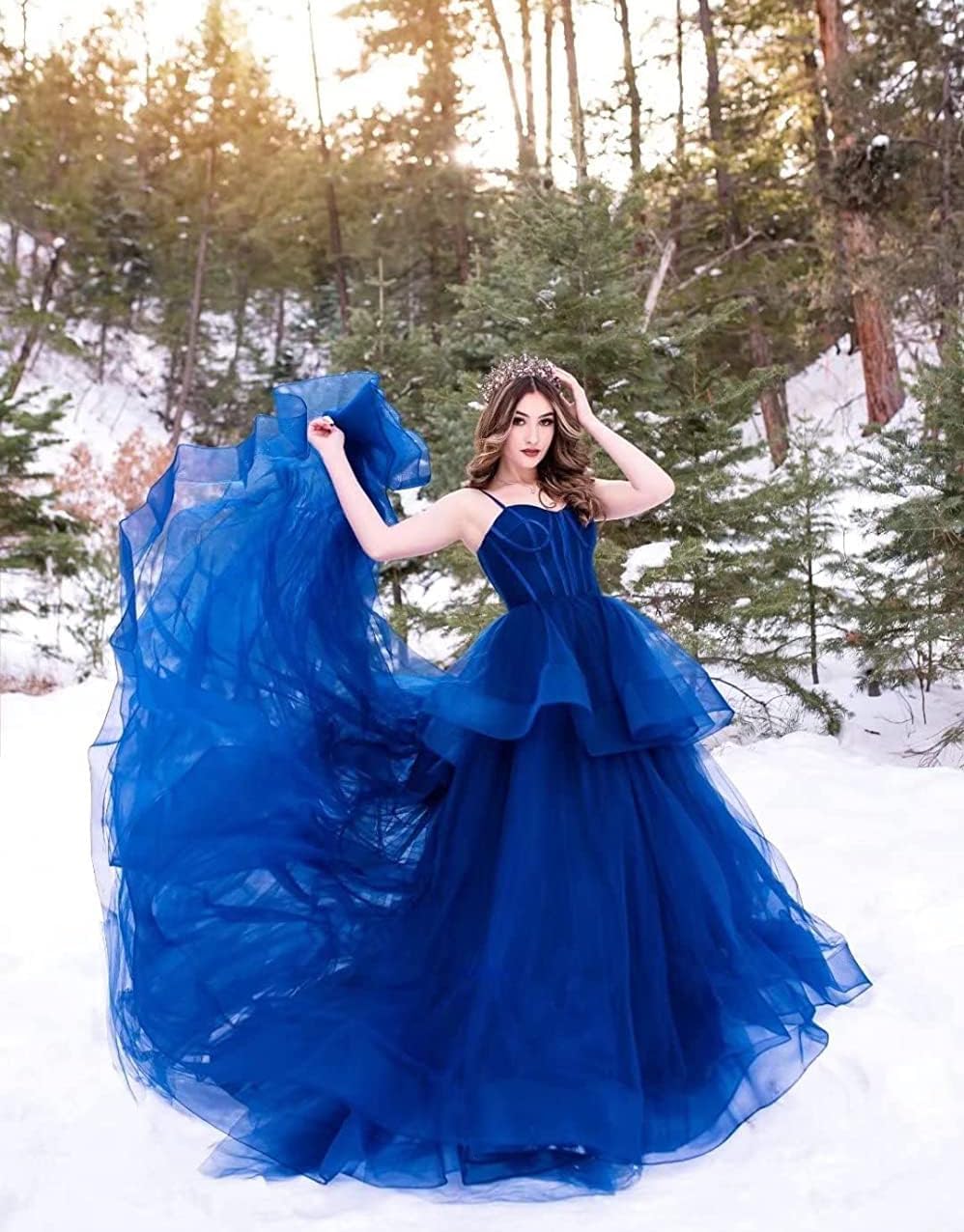 Tulle Prom Dresses for Women Long Spaghetti Straps Ball Gown Puffy Sweetheart Princess Formal Evening Party Gowns