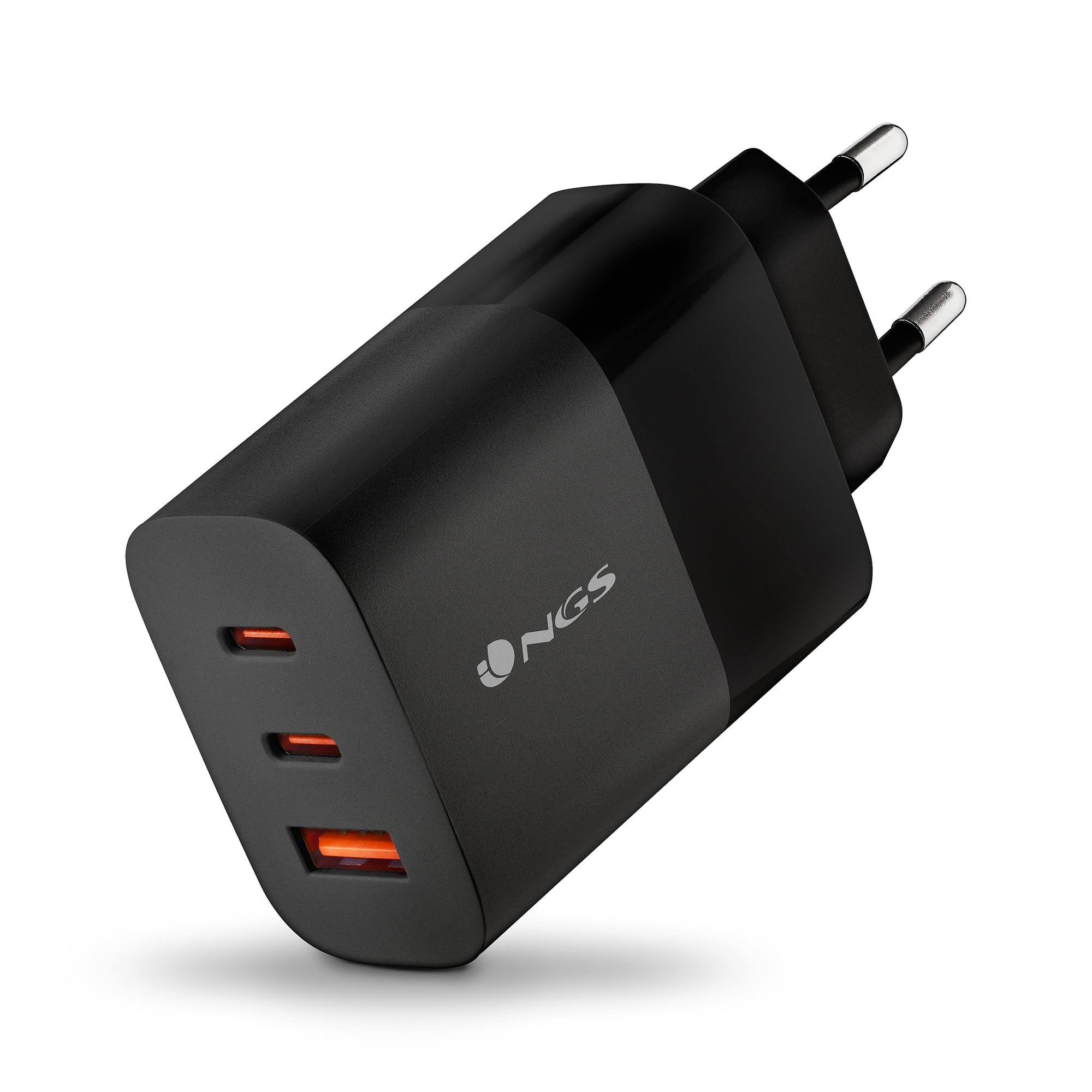 NGS BUD 65W - Cargador de pared ultrarrápido con 3 puertos USB-​C (PD & PPS 65W) USB-​A (QC 3.0 18W) Compacto y portátil para smartphones tablets laptops Materiales GaN ignífugos Carga simultánea segura