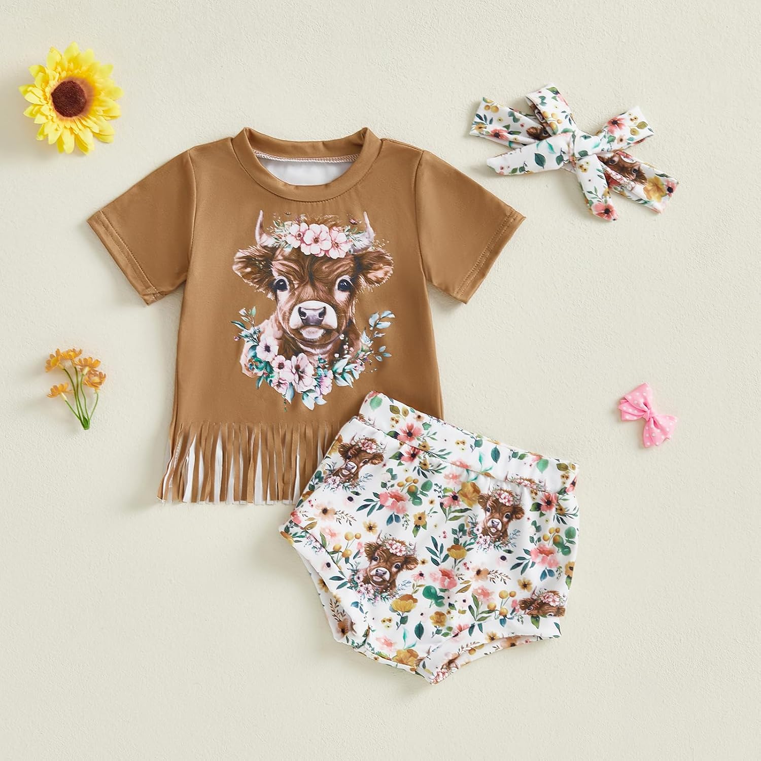 Infant Toddler Western Baby Girl Outfit Cowgirl Tassel T-Shirt Top Cow Print Bloomer Shorts Set Cute Country Clothes