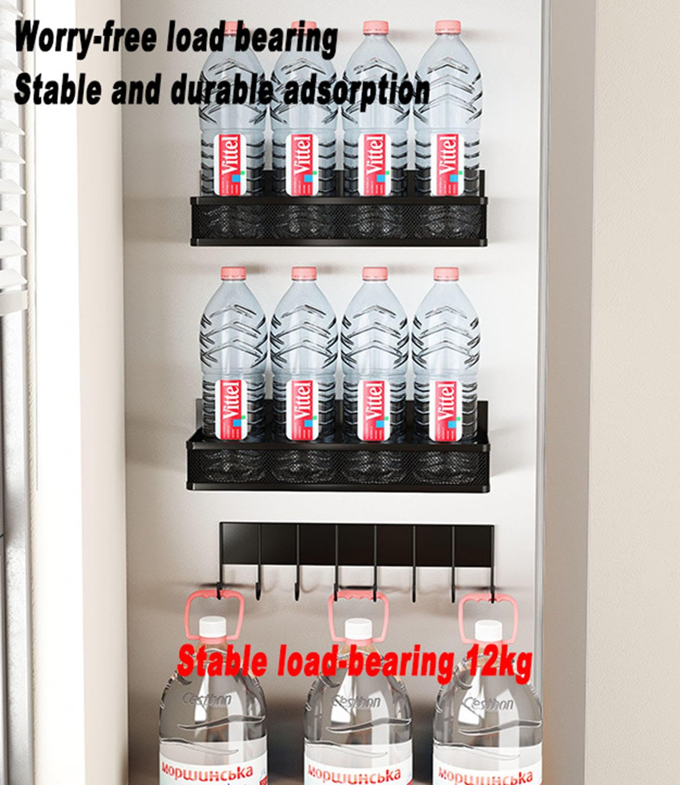 Set Da 3 Organizer Magnetici Per Frigorifero - Scaffali Portaspezie Con Bordo Rialzato + Gancio Con 10 Ganci - Nero, Per Cucina E Lavanderia
