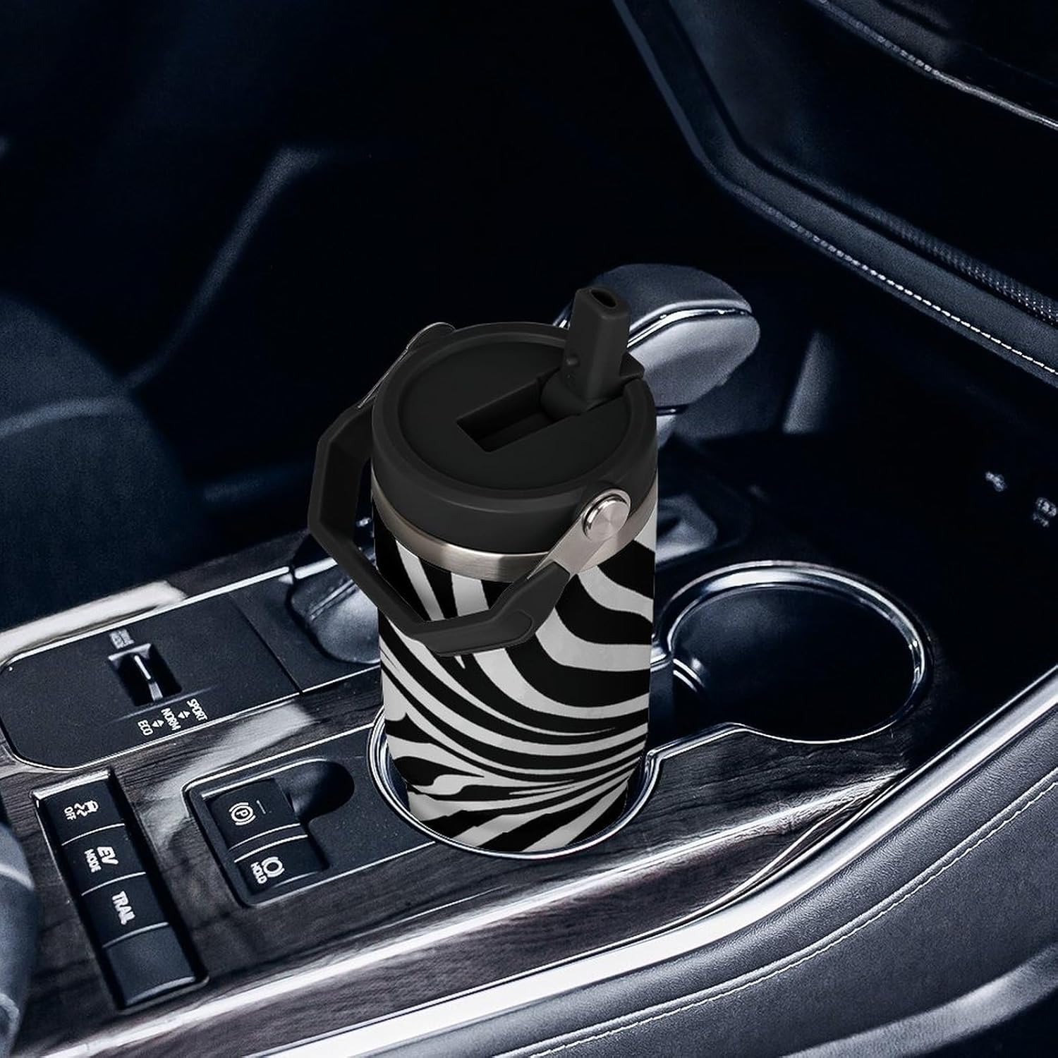 Zebra Print Water Bottle 30 Oz Fits Car Cup Holder,Insulated Coffee Mug Large Capacity Car Cups,Stainless Steel Double Wall Sport Bottle for Travel Sports Gym