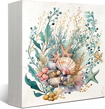 Mtrgdn Seashell Decor,Coastal Beach Bathroom Decor Wall,Beachy Ocean Room Seashell Wooden Box Sign Decorations,Coastal Bedroom Living Room Beach House Decorations,5x5 Inch