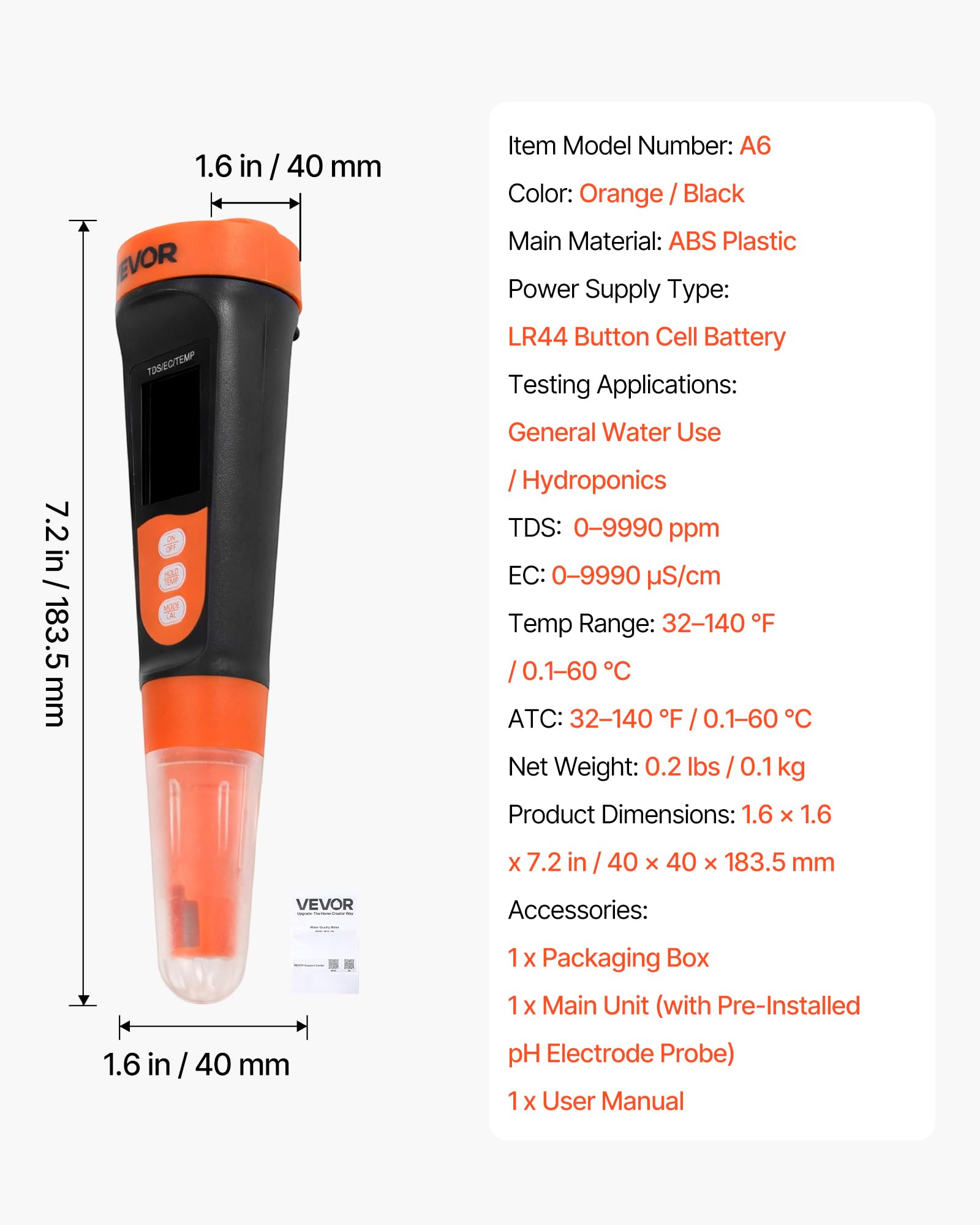 VEVOR Tester TDS, multiparametryczny pomiar EC/TDS 0-9990 str./min, cyfrowy tester jakości wody z ATC i przezroczystym wyświetlaczem VA, do wody pitnej, akwarium, basenu i hydroponiki, przenośny