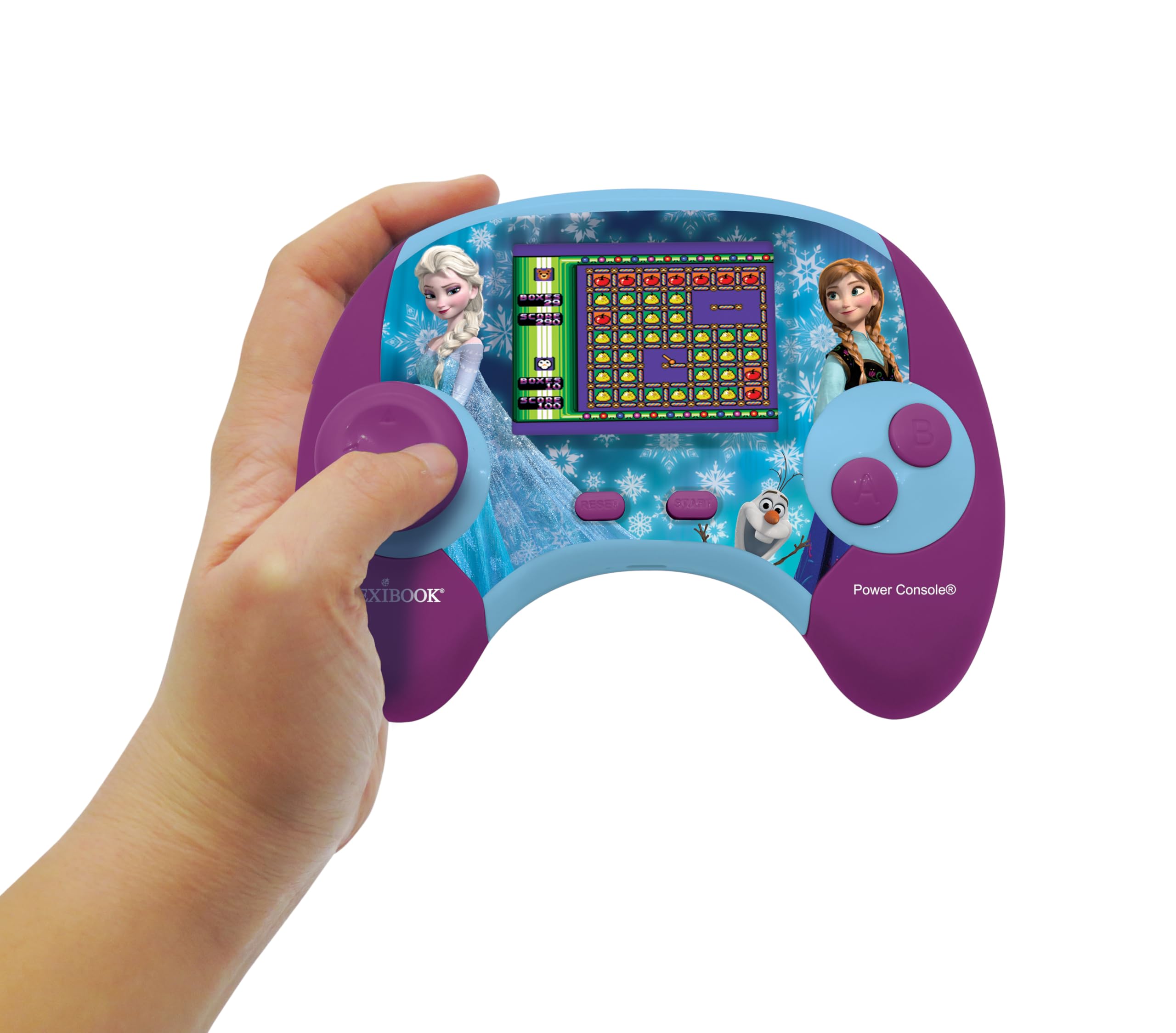 LEXIBOOK - Disney Frozen - Power Console, hiszpańska/angielska dwujęzyczna konsola do gier edukacyjnych z 100 zajęciami, JCG100FZi2
