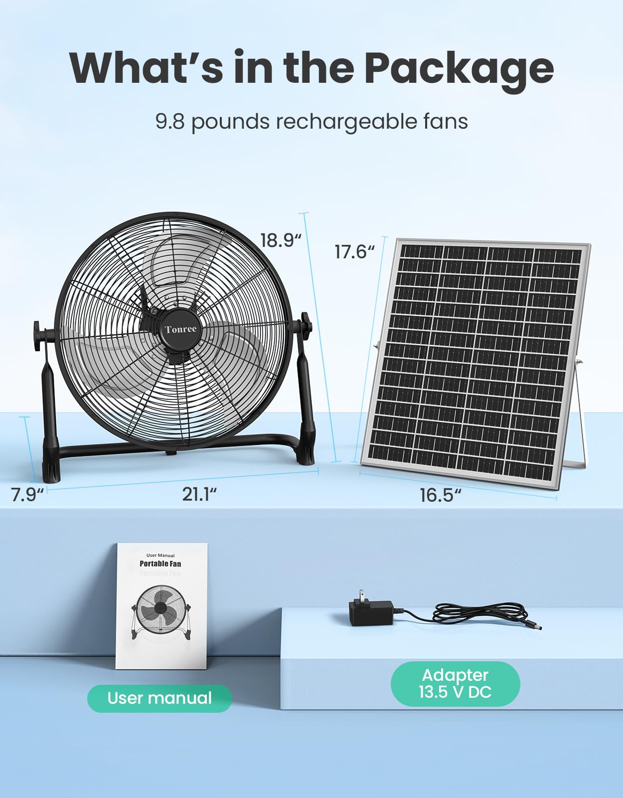 Ventilador solar portátil de 18 pulgadas, funciona con pilas, ventilador de piso recargable, ventilador de campamento inalámbrico de alta velocidad, carga de teléfono USB, tiempo de funcionamiento de 7