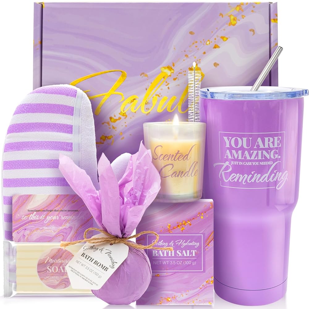 BODY & EARTH Self Care Gifts for Women Get Well Soon Gifts, Purple Birthday Gift Baskets, 8pcs Lavender Bath and Body Sets with 20oz Vacuum Insulated Tumbler Mother\'s Day Gifts for Mom