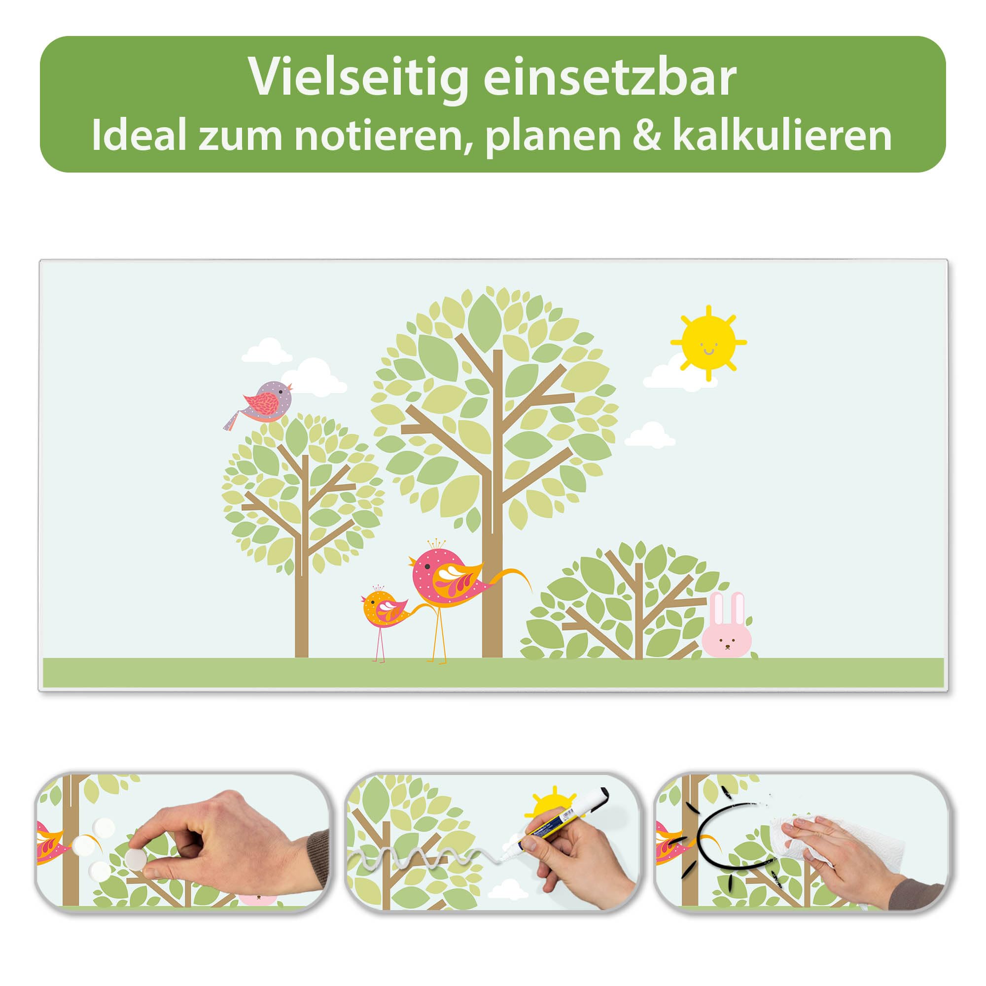 banjado Magnettafel Metall 78 x 37cm - beschreibbare Magnettafel - Metall Pinnwand als Memoboard - Magnetwand Küche, Büro, Kinderzimmer Weiß inkl. 4 Magnete & Montageset - Motiv Drei Bäume