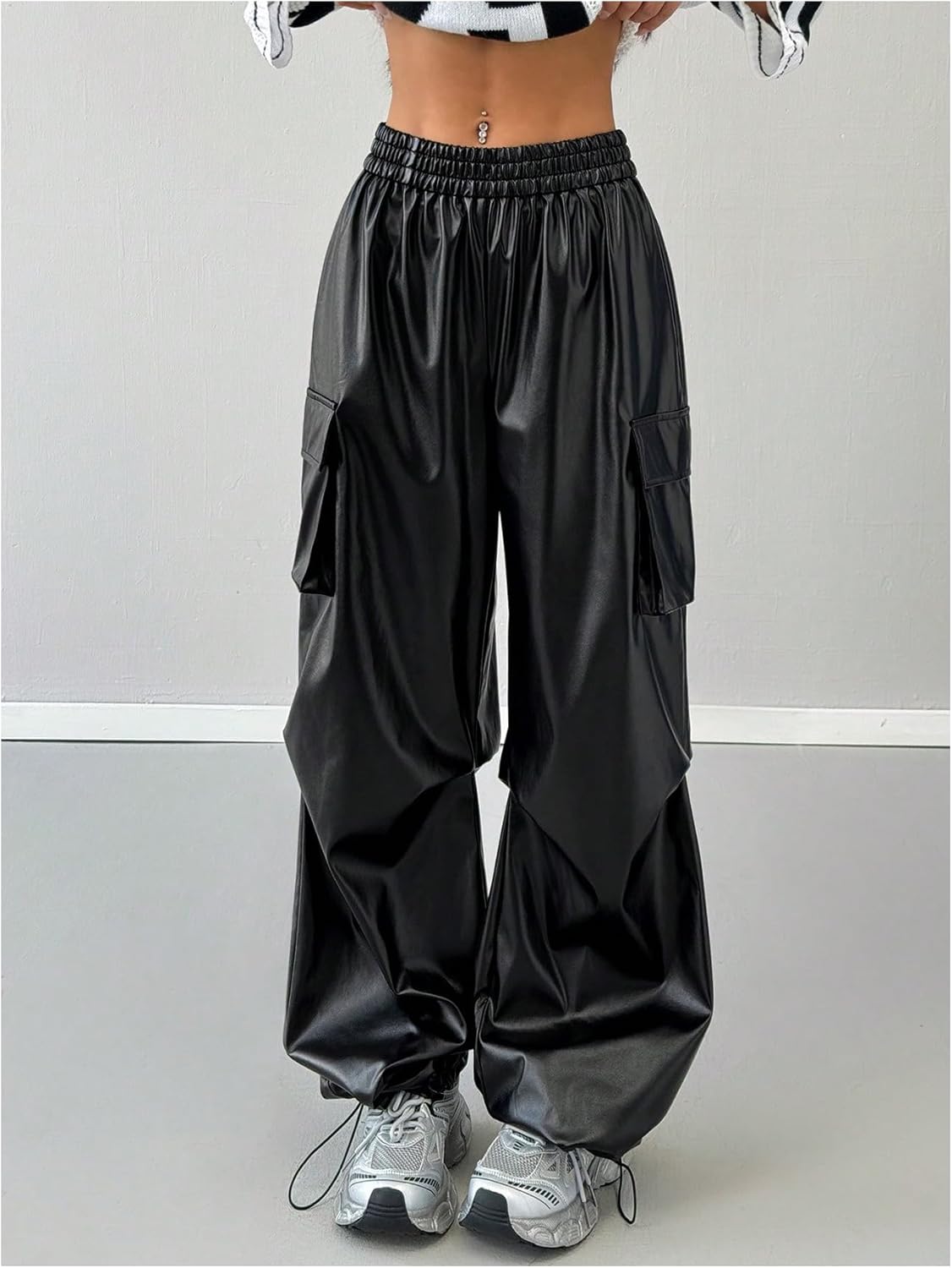 GORGLITTER Women's PU Leather Pants Baggy Cargo Y2k Elastic High Waisted Wide Leg Track Pants Trousers Streetwear - Image 4
