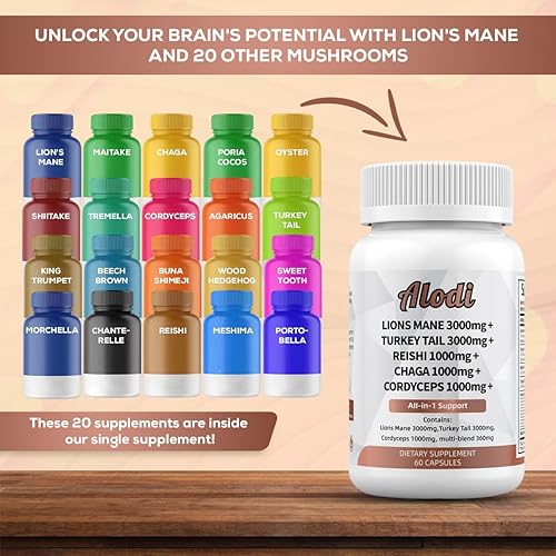 Miniatura 2 de Alodi Super Mushroom Blend - Lions Maine, cola de pavo, Reishi, Chaga, Cordyceps Meshima Maitake Shiitake Tremella Porcini Enoki todo en 1