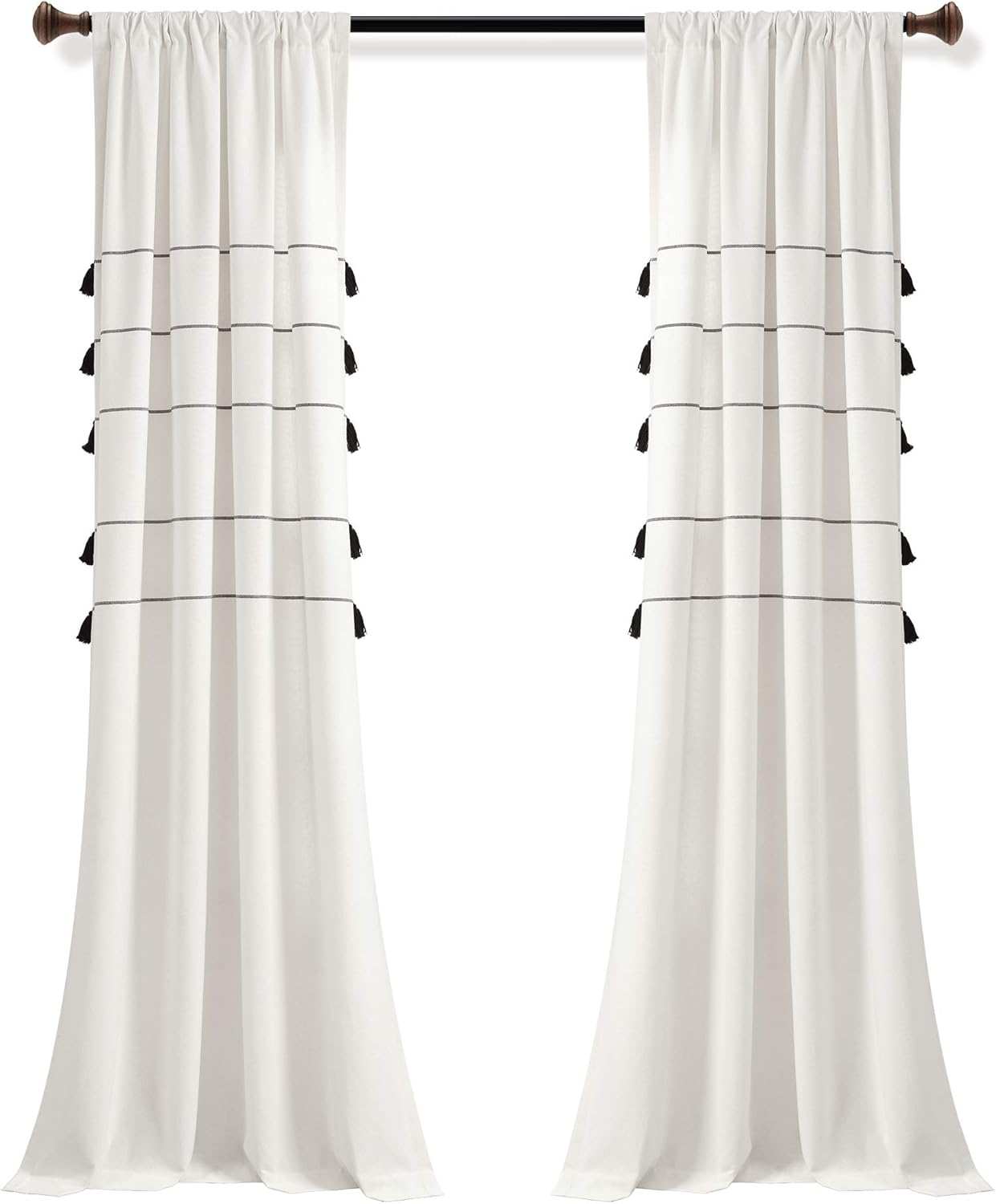Lush Decor Farmhouse Boho Stripe Woven Tassel Yarn Dyed Cotton Window Curtain Panel Pair, 42" x 84", Ivory & Black