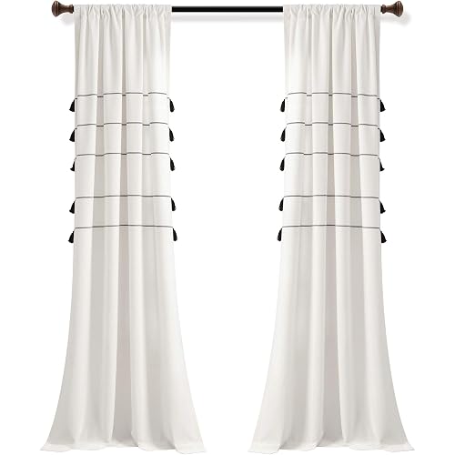 Lush Decor Farmhouse Boho Stripe Woven Tassel Yarn Dyed Cotton Window Curtain Panel Pair, 42" x 84", Ivory & Black