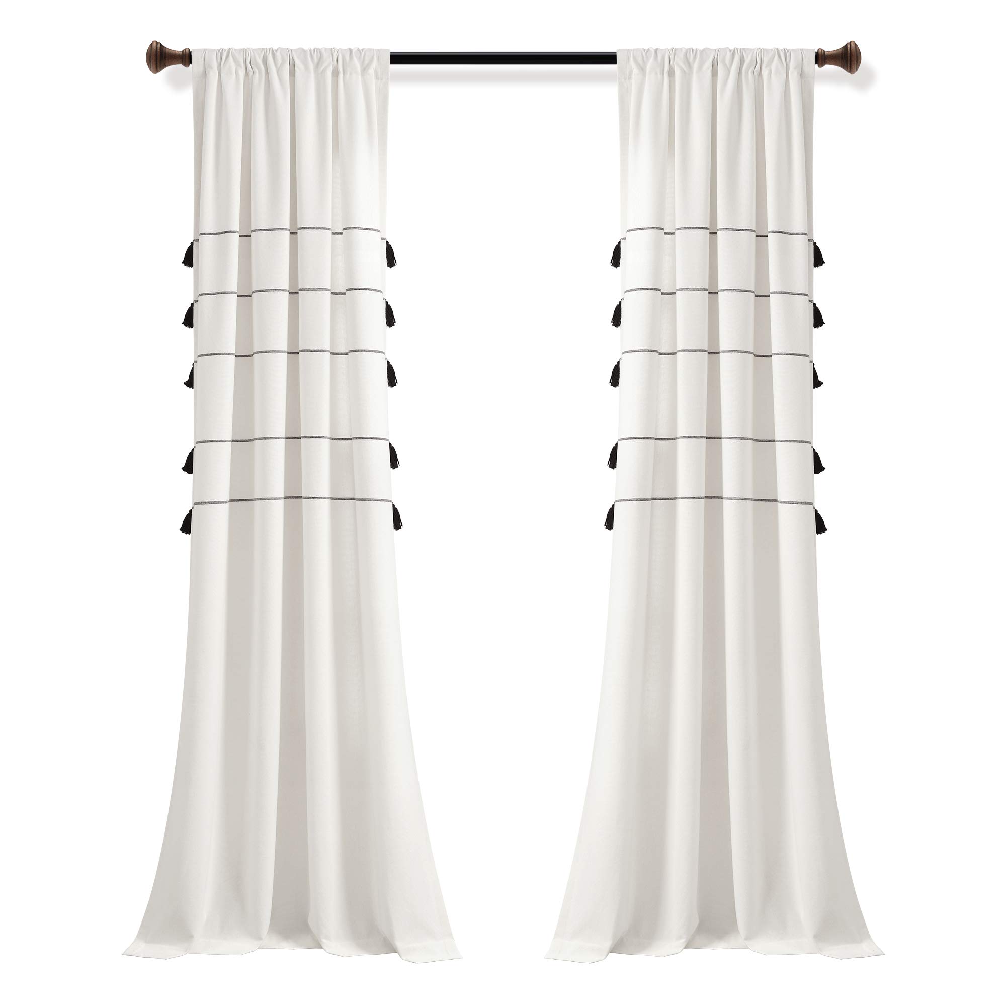 Lush Decor Farmhouse Boho Stripe Woven Tassel Yarn Dyed Cotton Window Curtain Panel Pair, 42" x 84", Ivory & Black