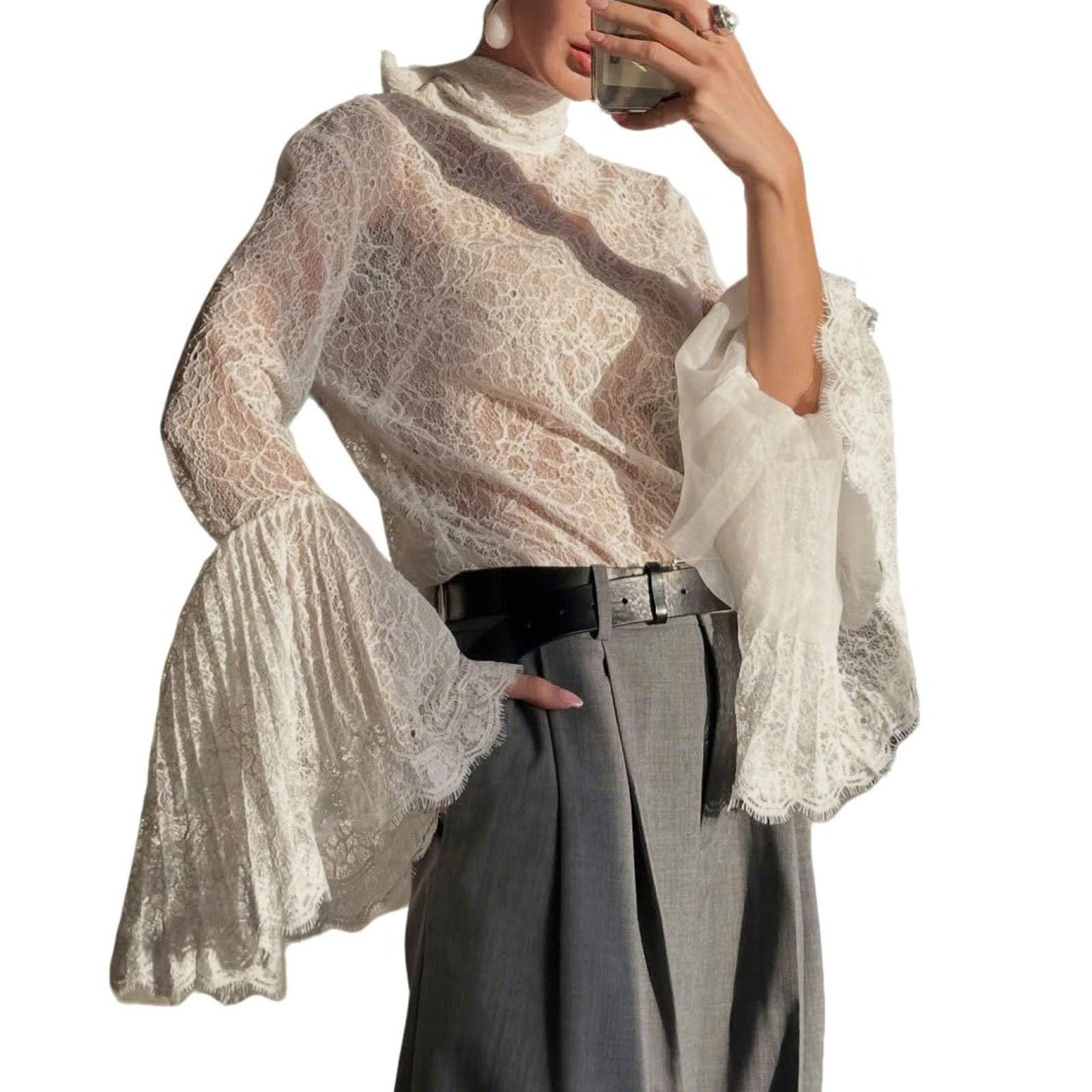 Camicia Da Donna Sexy in Pizzo Trasparente Floreale Svasato A Maniche Lunghe Alla Moda Girocollo Morbida Ed Elegante Camicia Con Volant