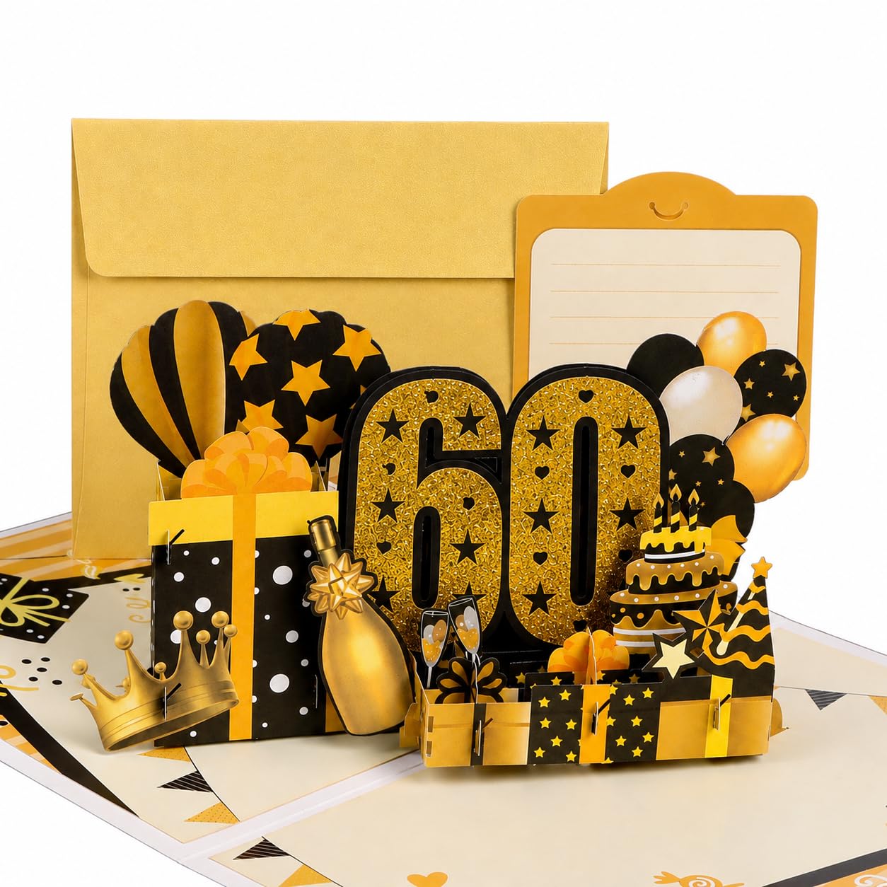60th Birthday Card for Men Women, Black Gold 3D Pop Up Bday Greeting Card