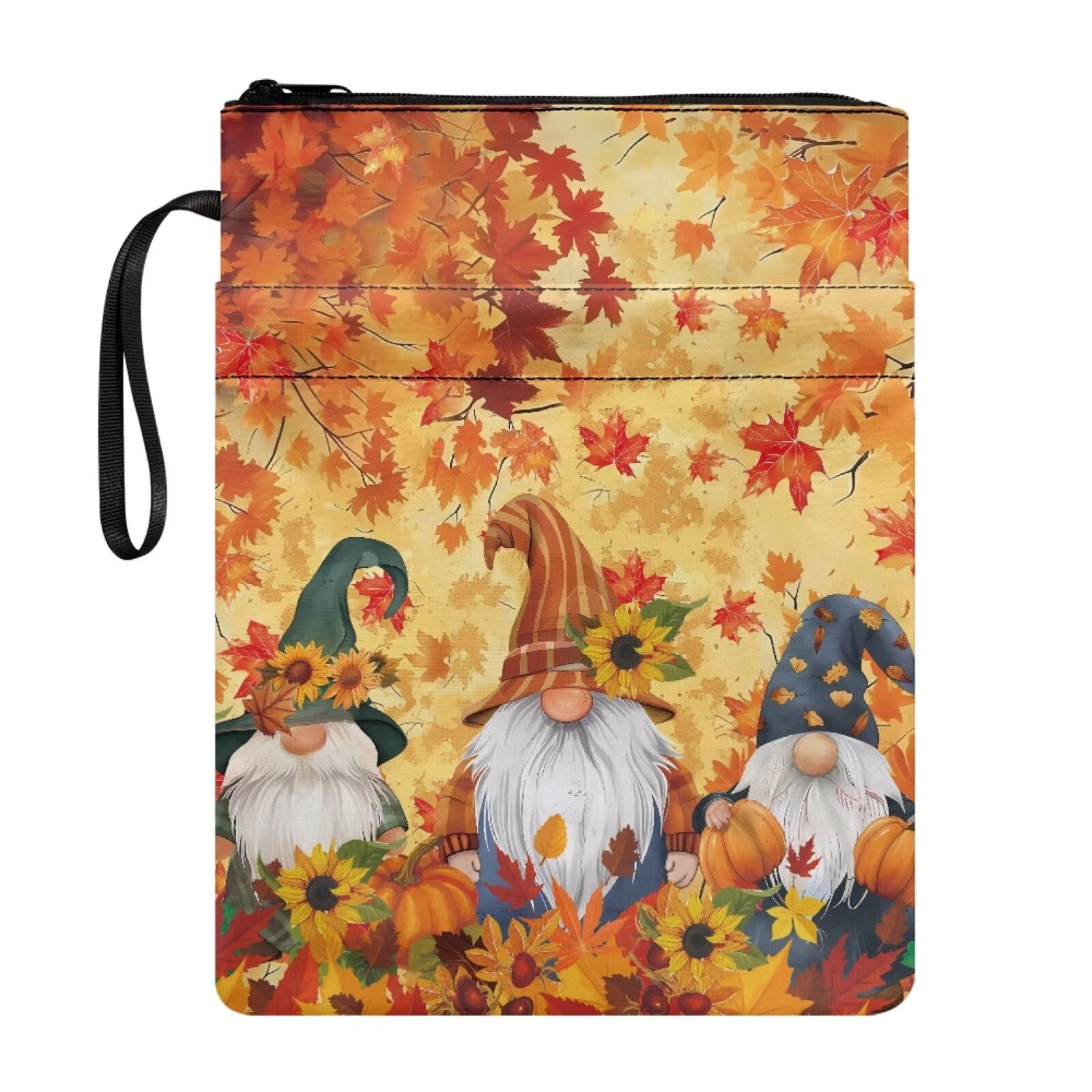 Poceacles Autumn Gnome Polyester Book Covers for Hardcover Portable Bible Pouch Book Sleeve with Zipper and Extra Pocket for Women Men Boys Girls, Pumpkin Sunflower Maple Print — image 1