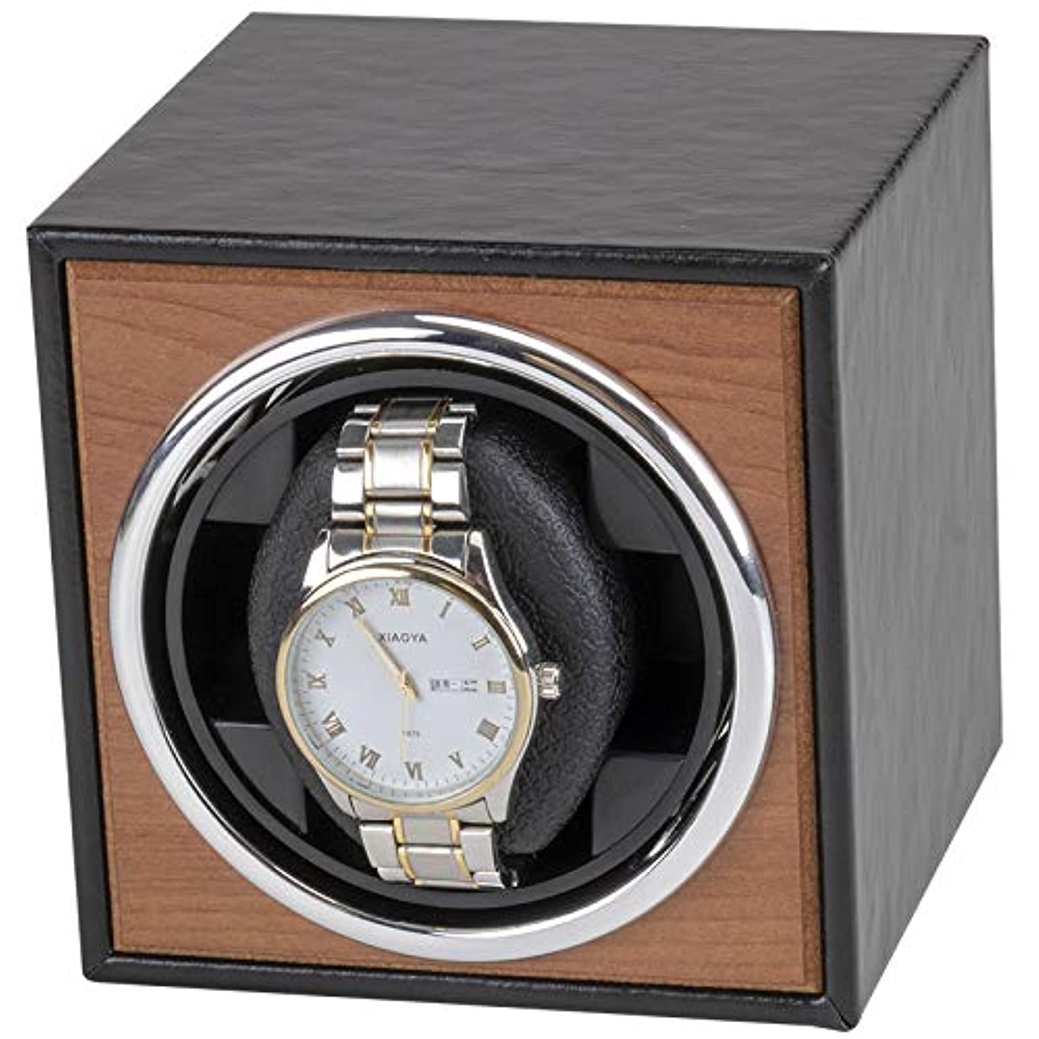 khAutomatic Single Watch Winder, in Wood Shell and Black Leather,Watch Winder, PU Leather Japanese Super Quiet Motor