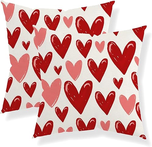 QANOK Juego de 2 fundas de almohada para el día de San Valentín de 18 x 18 pulgadas, almohadas de corazones rosas y rojos para decoración del día de