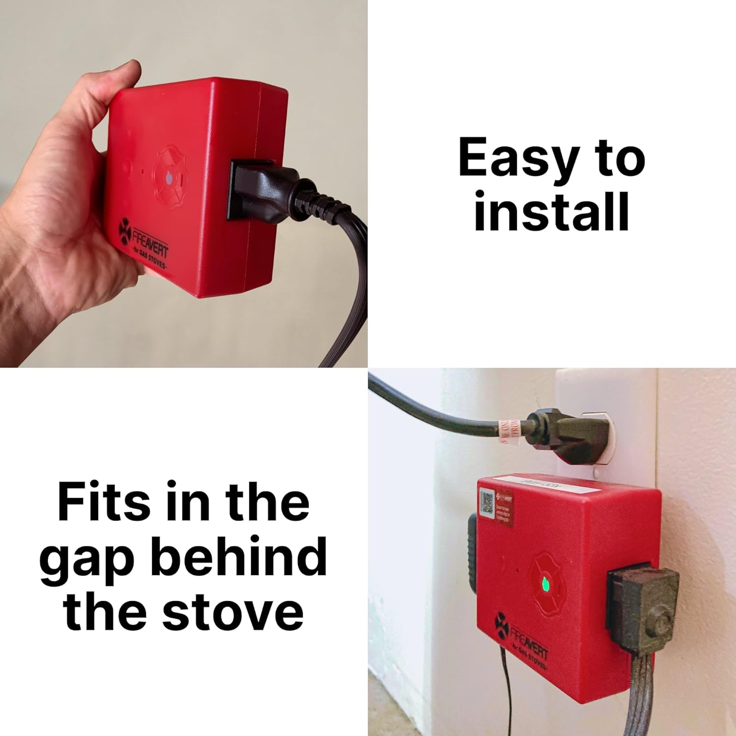 The FireAvert control unit plugged into a wall outlet with the stove's power cord plugged into the FireAvert unit, positioned behind the stove.