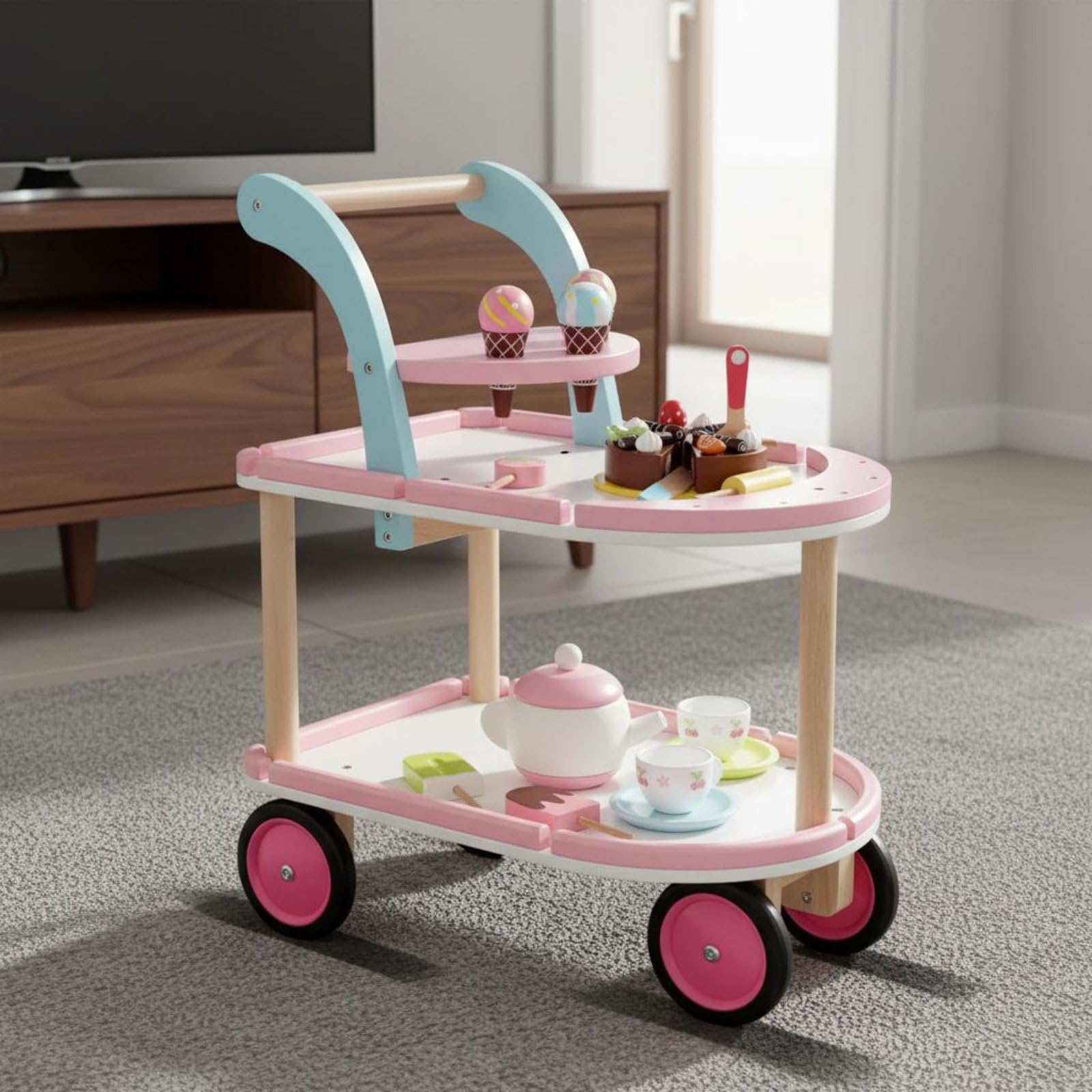 Qianly Eisdielenwagen mit Rollen Eisverkaufsstand aus Holz Soziale Fähigkeiten Holz-Eisdiele für Kinderzimmer
