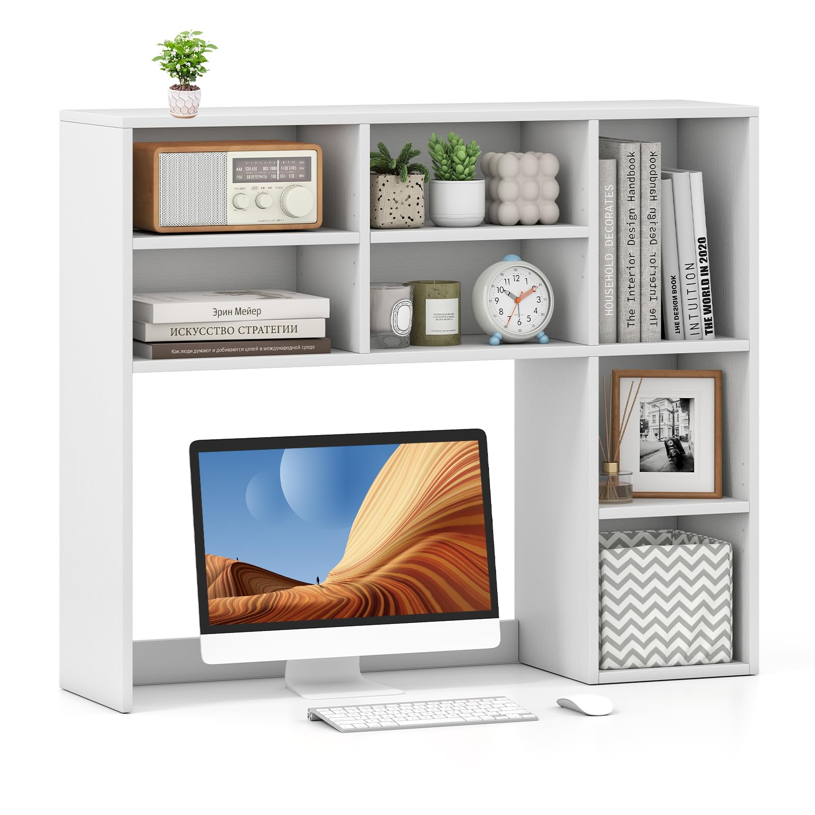MAT EXPERT Wooden Desktop Bookshelf, Countertop Desk Hutch w/ 7 Cubes & Adjustable Shelves, Anti-toppling Kits, Table Top Organizer Shelf Fits