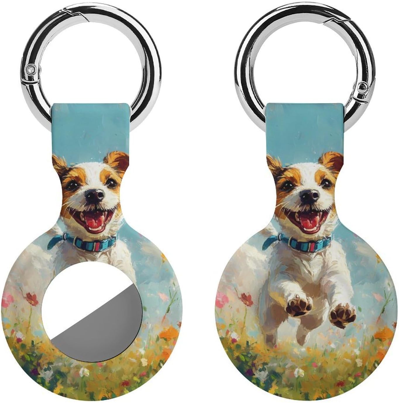 Happy Jack Russell Terrier Dog Running Case Compatible with AirTag Holder Cover with Keychain Ring for Bags Luggages