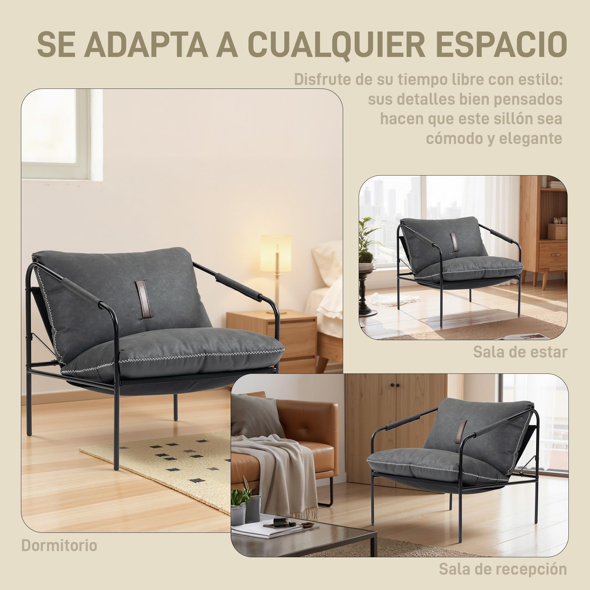 HOMCOM Butaca de Salón Moderna, Sillón de Lectura Tapizado en Cuero Sintético, Fundas de Cojines Extraíbles, Acolchado Grueso, Patas de Metal, para Dormitorio, Oficina, Gris Carbón