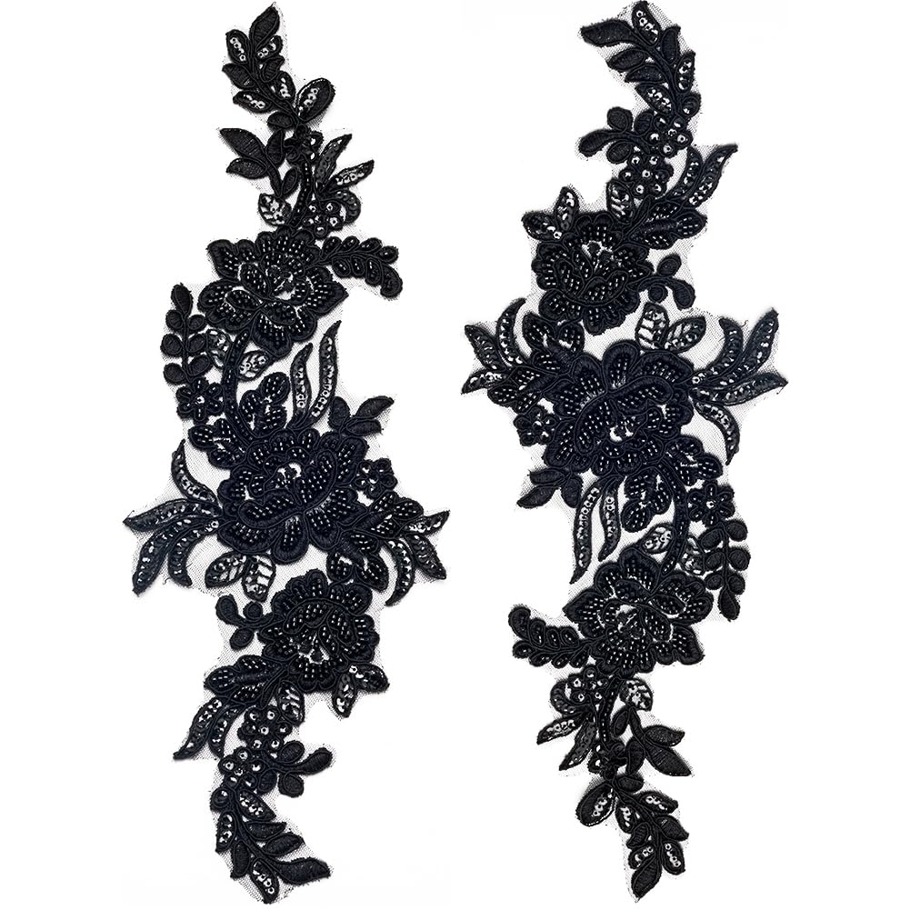 GORGECRAFT 2Pcs Black Flower Embroidered Patches – Large Iron-On Appliques For Clothing, Dresses & Crafting (Approx. 18in)