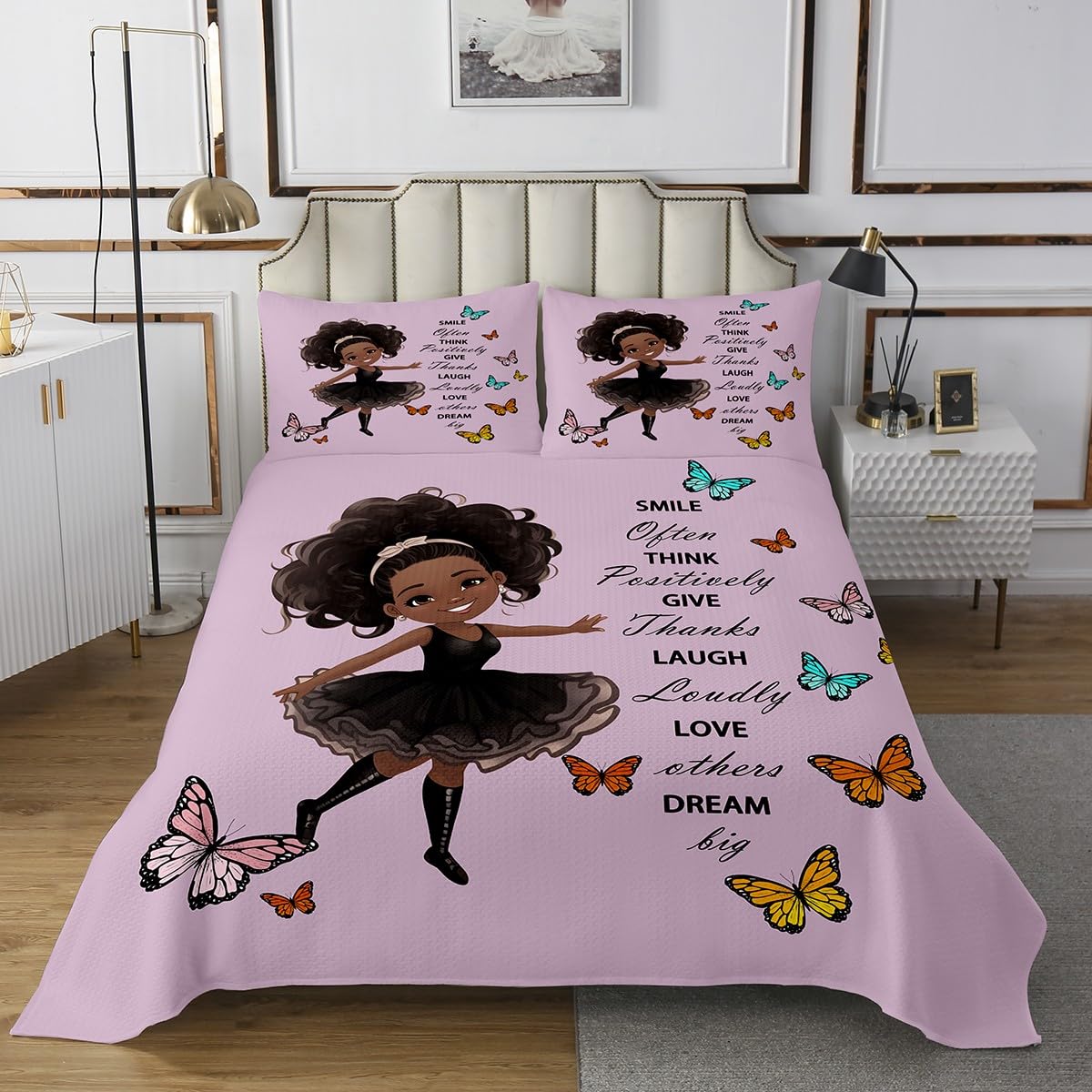 Erosebridal Ballet Dancer Quilted African American Black Girl Coverlet Set,Colorful Butterfly Bedspread Inspirational Quotes Gift Quilt Set Queen,Rustic Aesthetic Animal Room Decor Pink
