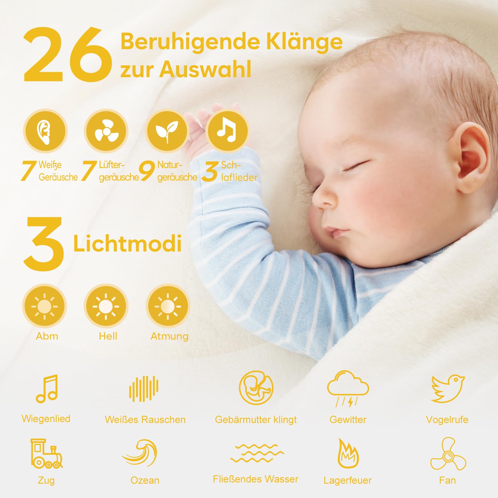 Easy@Home White Noise Machine: Tragbare Einschlafhilfe Babys mit weißem Rauschen | Nachtlicht | 26 Beruhigende Schlaflieder & Naturgeräusche | 3 Timer-Einstellungen | 7 Bunte Beleuchtung & USB