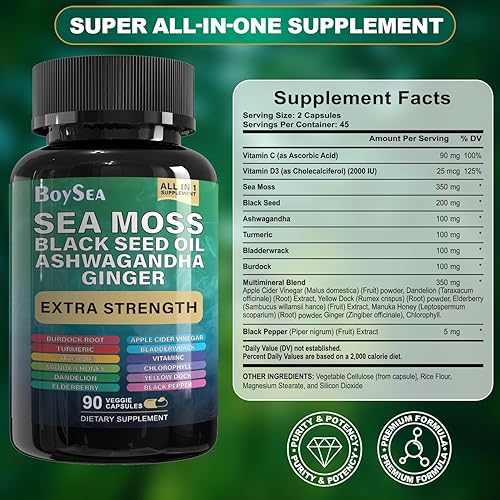 Miniatura 3 de Boysea. Paquete de shilajit y musgo marino, 90 unidades, musgo marino, aceite de semilla negra, ashwagandha, jengibre y shilajit, Rhodiola Rosea,