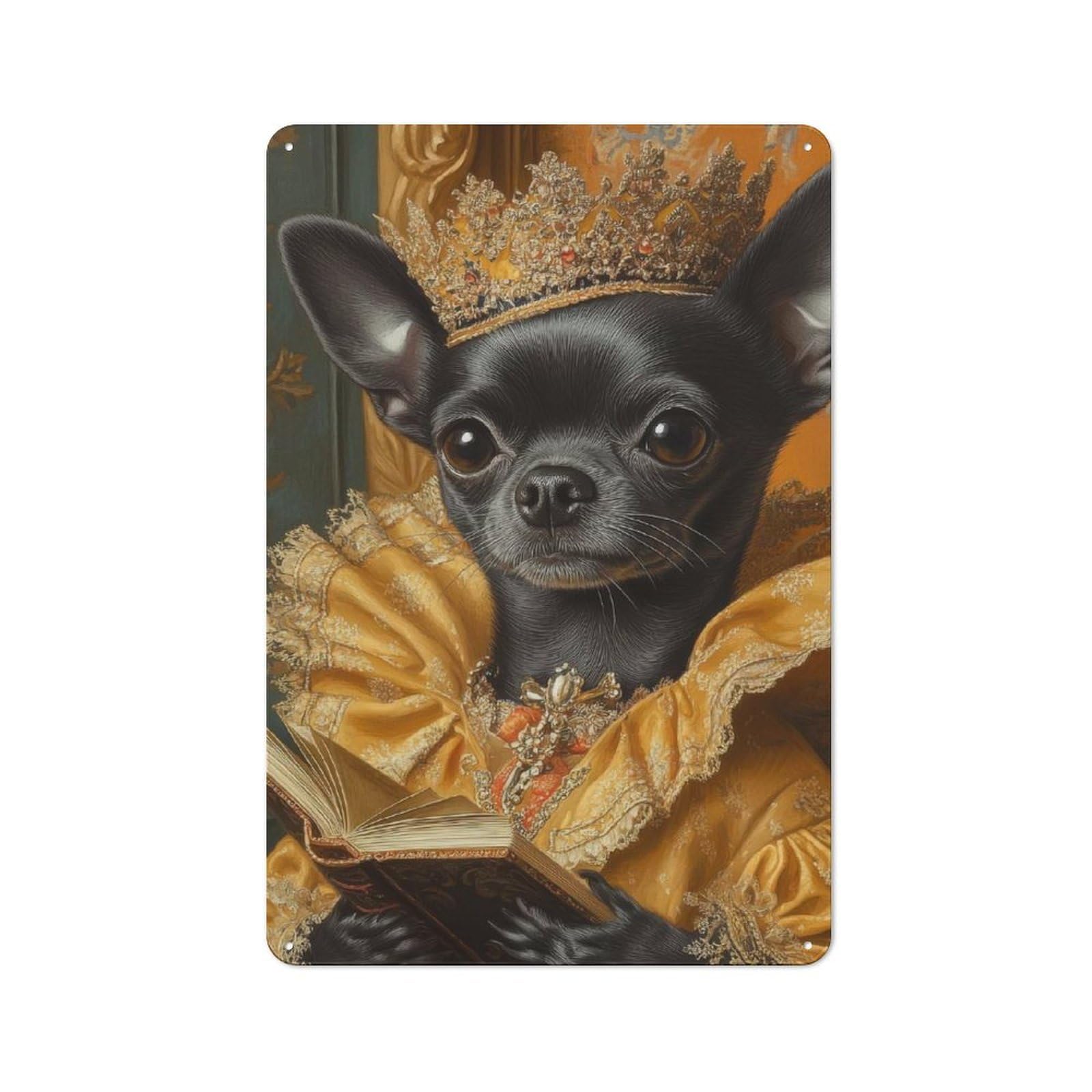 Junmoney Royal Chihuahua In Golden Elegance Chihuahua 30X20cm Rustic Metal Sign With Queen For Hobby Room Or Studio, Metal Sign Decor For Hobby Rooms And Studios