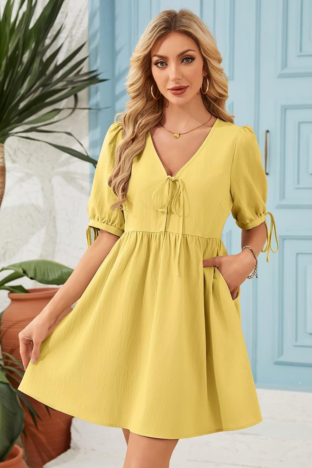 Dokotoo Summer Dresses for Women 2026 Casual V Neck Bow Tie Short Sleeve Empire Waist A-Line Mini Dress - Image 3