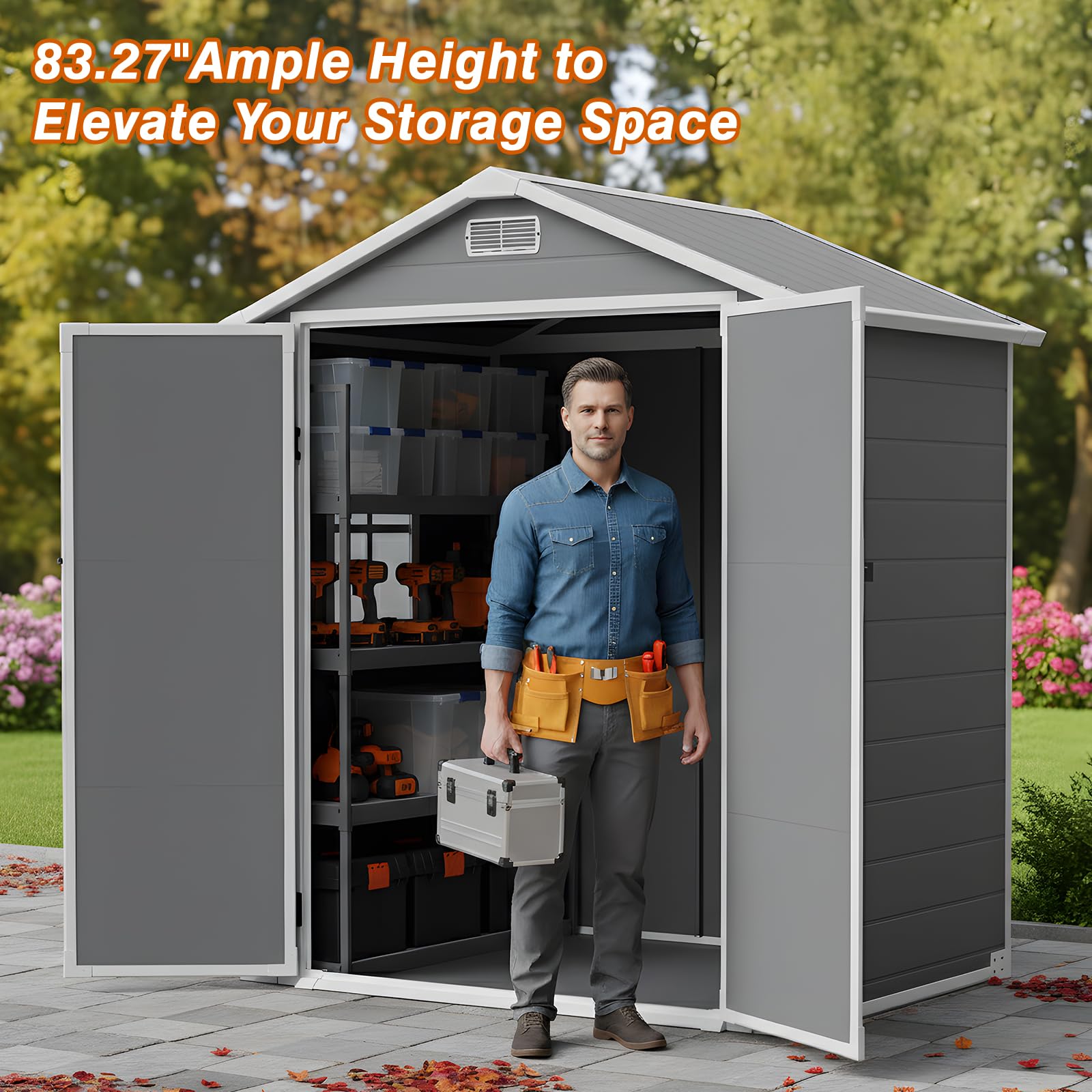 LARBANKE Caseta de jardín resistente a la intemperie, 4,11 m³, plástico, 183 × 143 × 201 cm, caseta con suelo y techo, cobertizo con puerta con cerradura, ventilación, ventana y rampa, para jardín