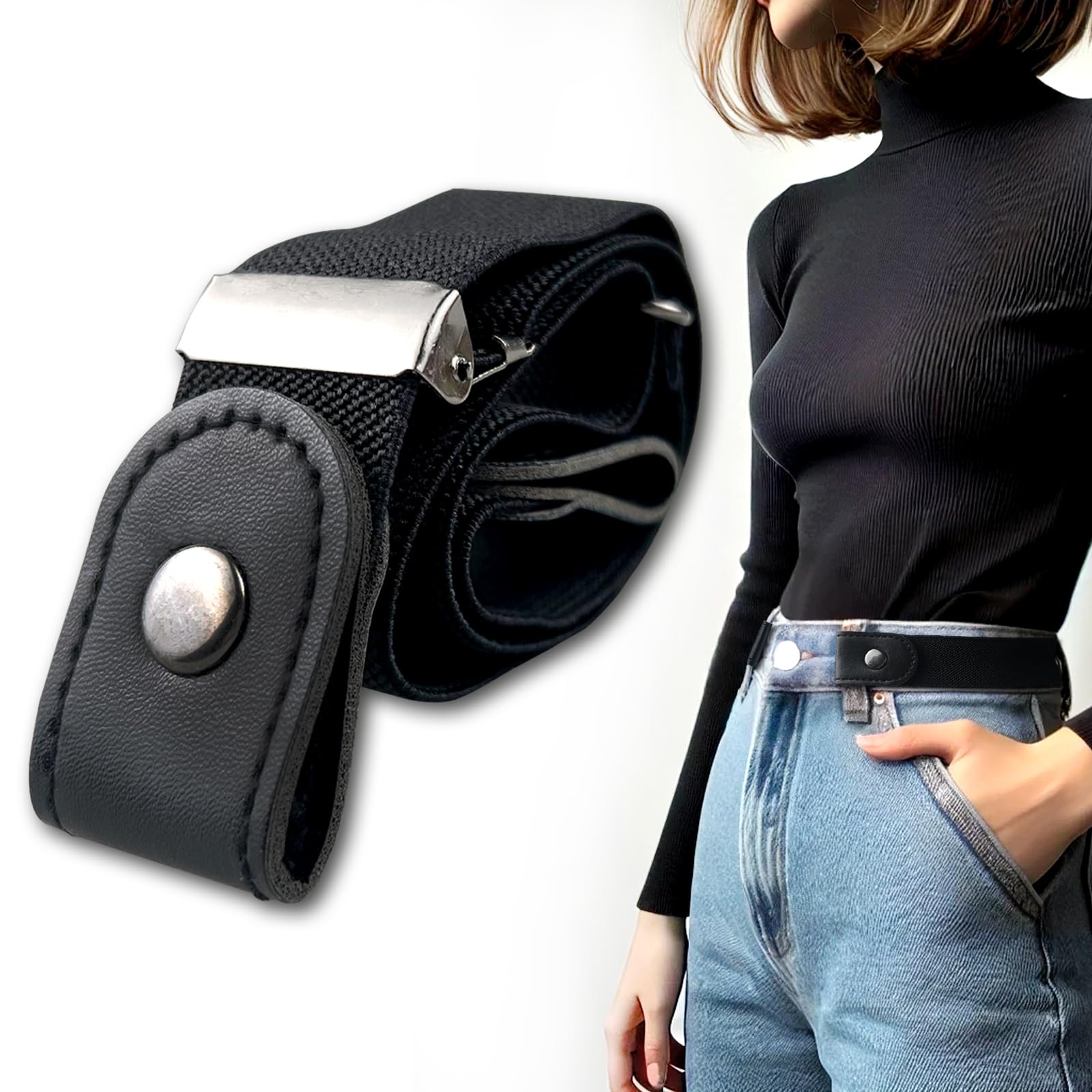 No-Buckle Elastic Belt for Men Women Invisible Stretch Waist Belt for Jeans Pants Dresses Adjustable Comfortable No Bulge