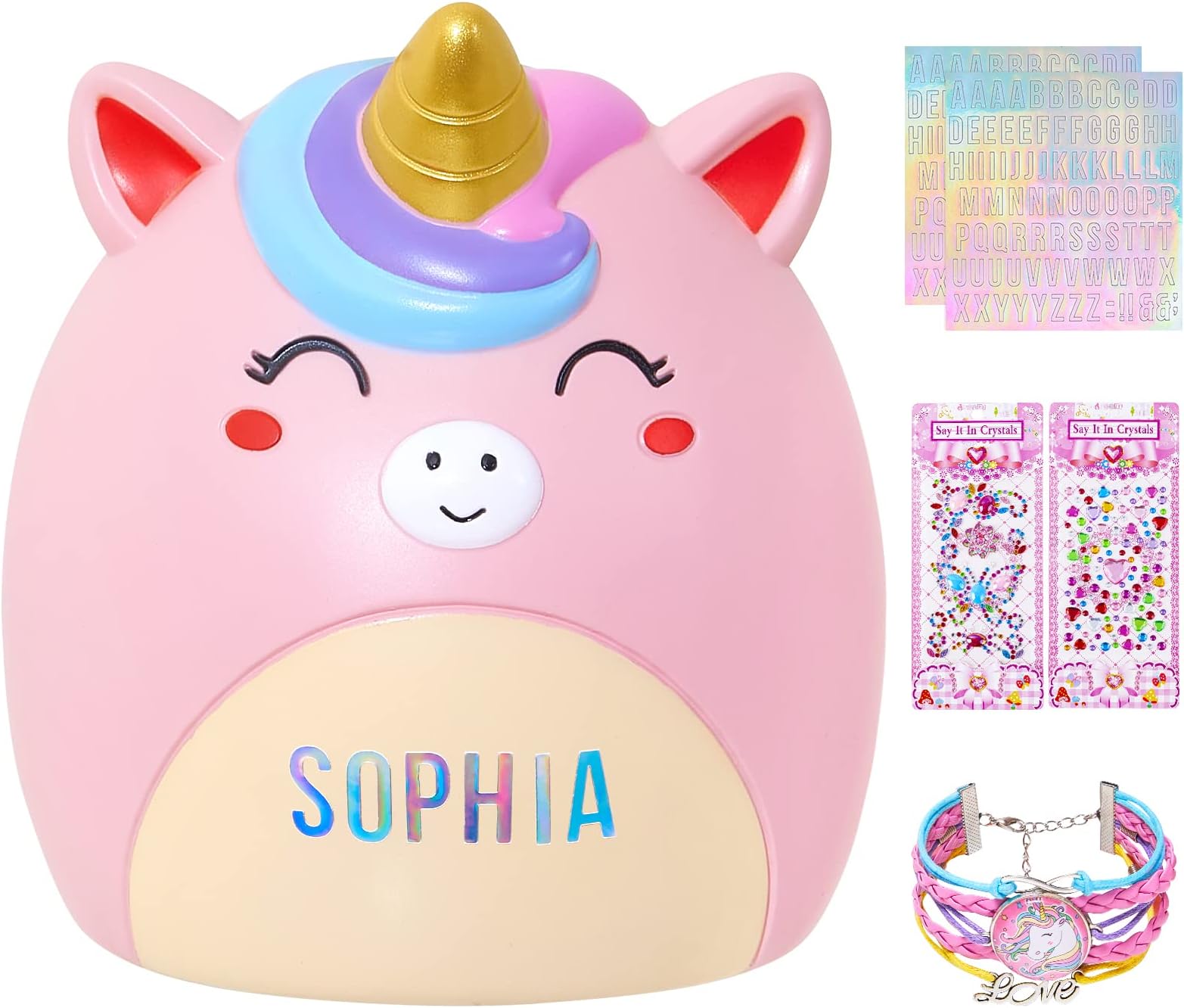 Piggy Bank Girls Unicorn Piggy Banks Cute Unbreakable Resin Coin Money Bank with Stickers Bracelet Set for Kids Toddlers, Pink