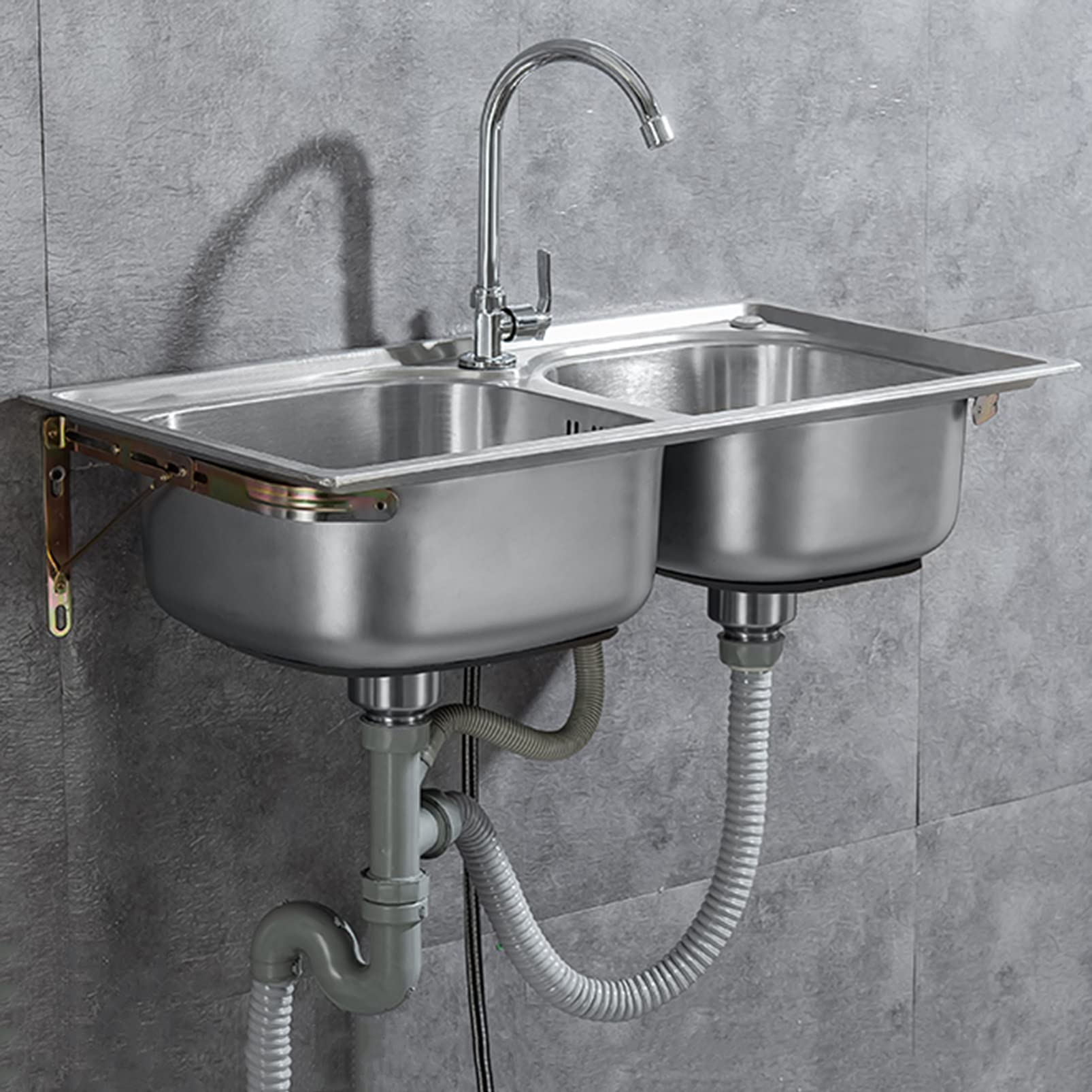 SHYP Stainless Steel Prep & Utility Sink,Wall Mounted Double Bowl Sink Space Saving Catering Sink,Balcony Hand Wash Basin Bathroom Vanity Laundry Room Sink,RV Caravan Sink w/ Double Drainer,68CM×44CM