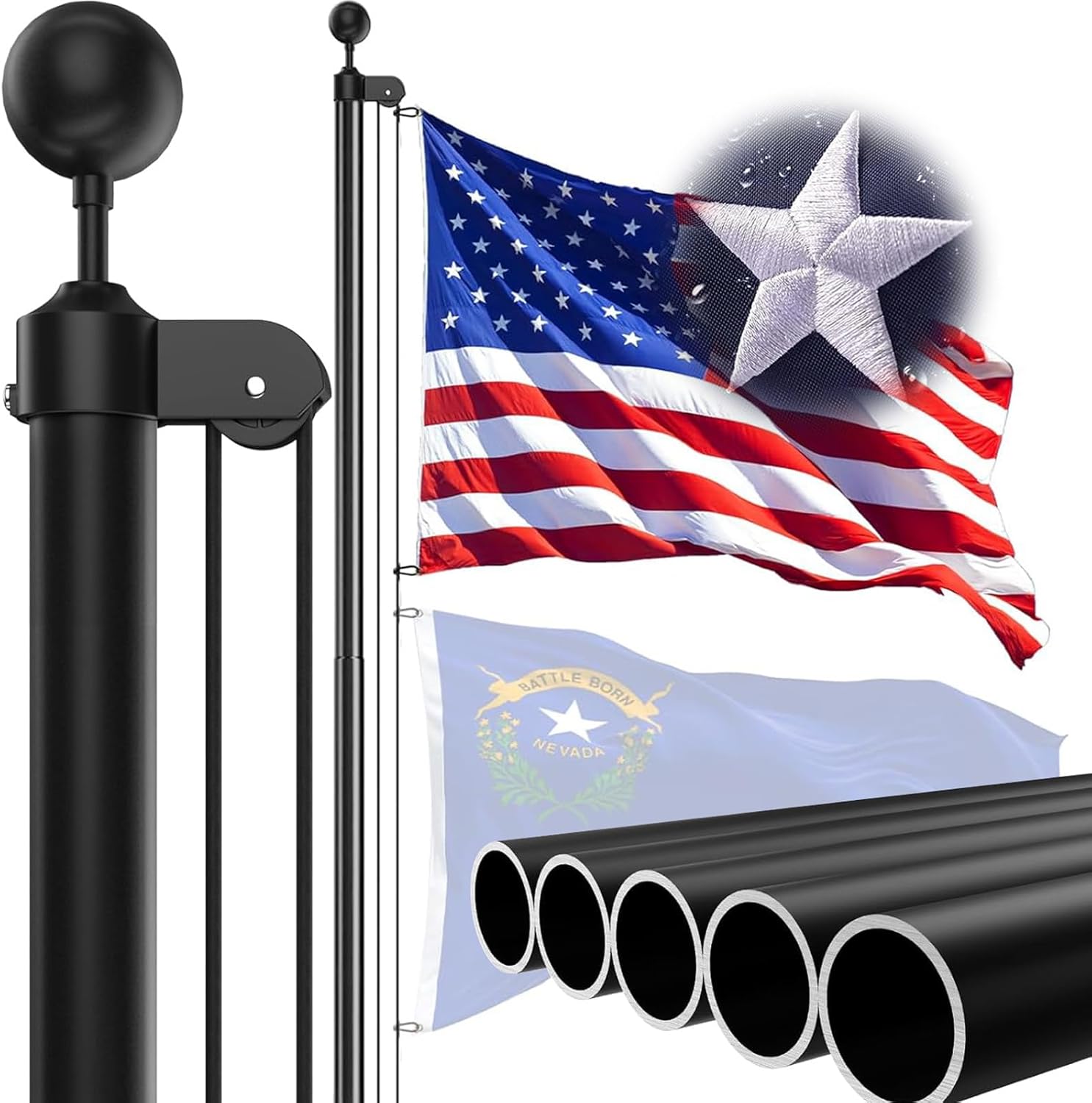 25FT Heavy Duty Flag Pole - Extra Thick Aluminum Flagpole kit with 5x3 Nylon Embroidered Flag for Outside Yard,Outdoor,Commercial or Residential-Ground - 100MPH Wind Tested,Black