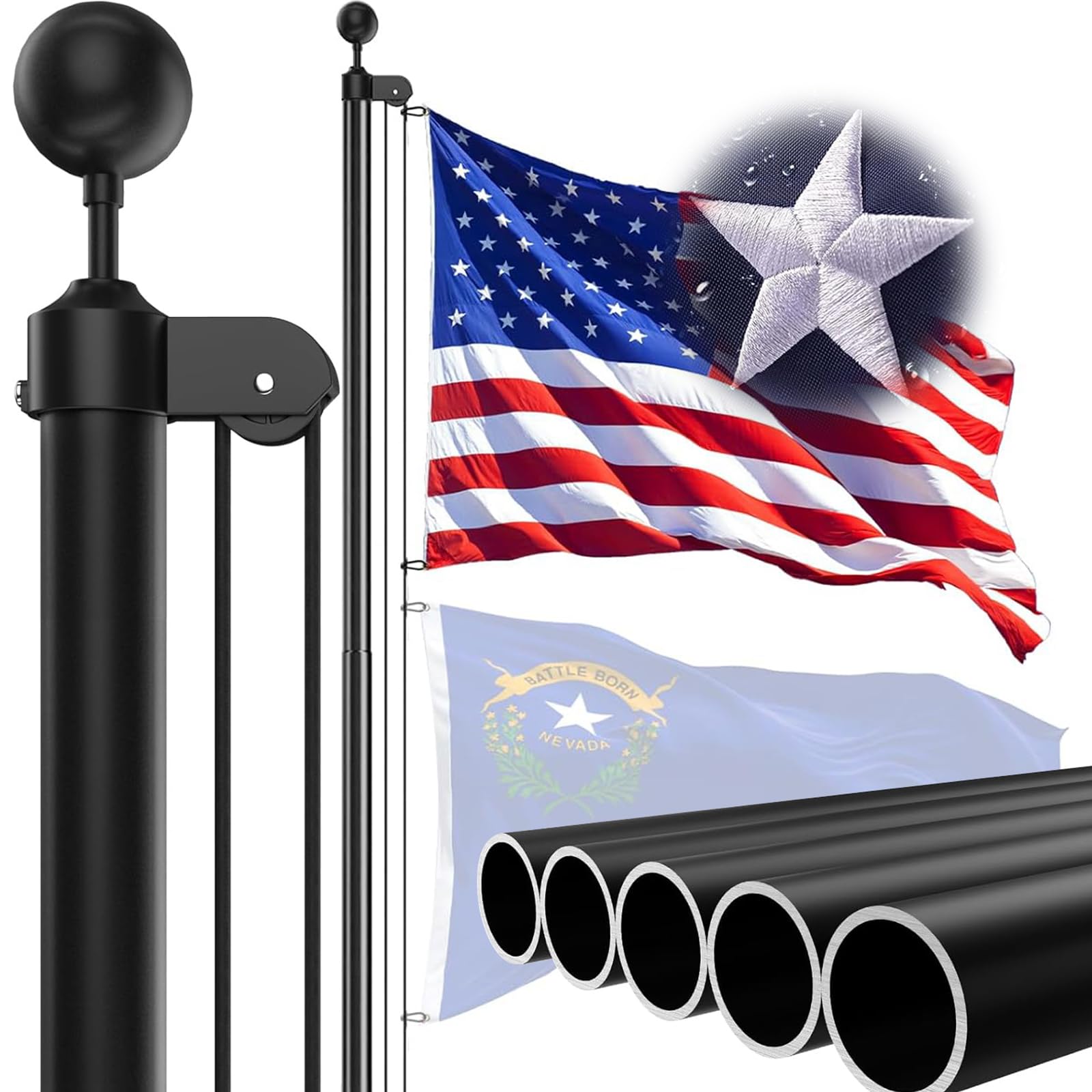 Photo 1 of IOEN 25FT Heavy Duty Flag Pole - Extra Thick Aluminum Flagpole kit with 3x5 Nylon Embroidered Flag for Outside Yard,Outdoor,Commercial or Residential-Ground - 100MPH Wind Tested,Black