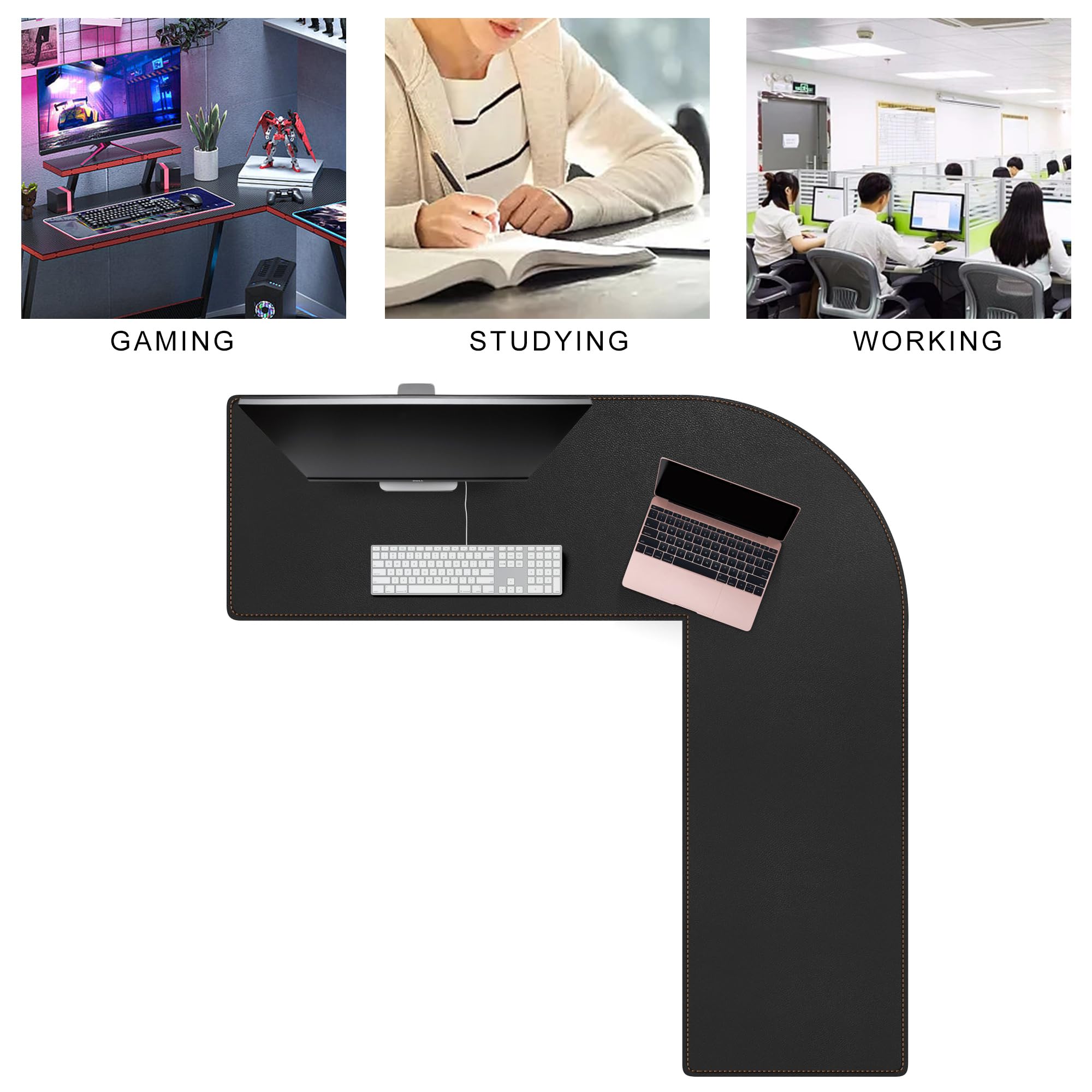 MAIDERN Tappetino da Scrivania Angolare Grande （140+140）x50 cm - Faccia in Pelle per Gaming e Ufficio (Nero)